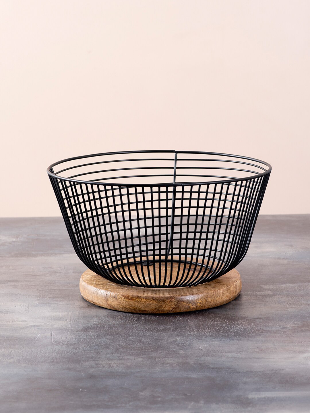 

nestroots Black & Brown Textured Fruit Basket With Wooden Base