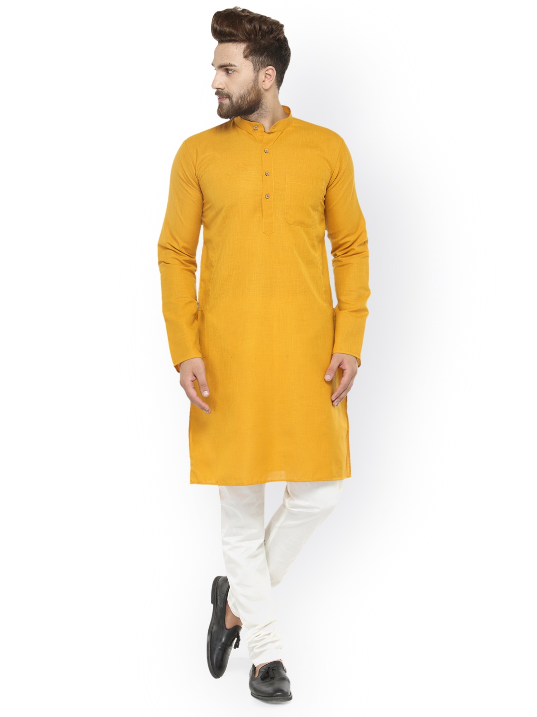 

Jompers Men Mustard Yellow & White Solid Kurta with Churidar