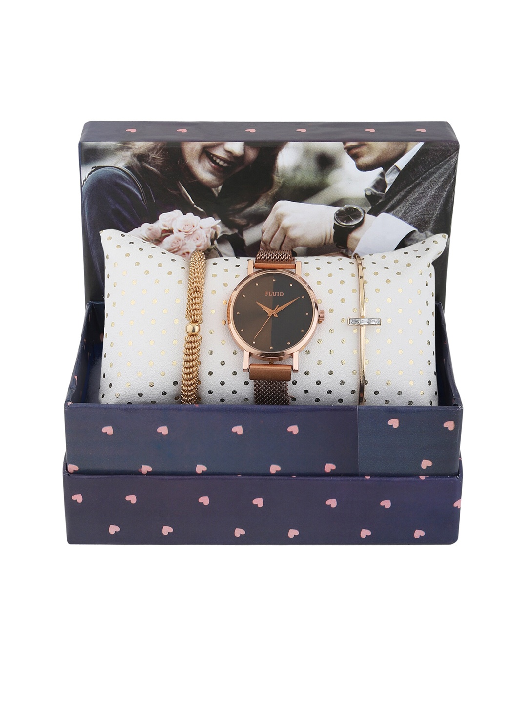 

FLUID Women Rose Gold Toned Textured Straps Analogue Watch FL-Gift Set-38
