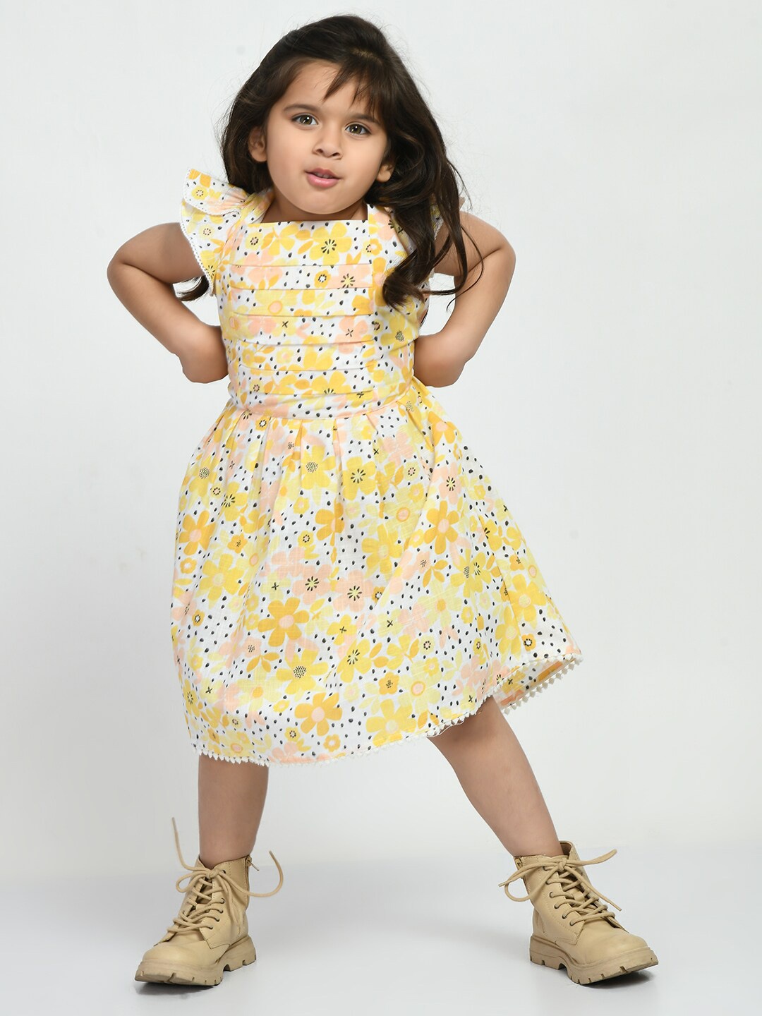 

Bella Moda Girls Floral Printed Flutter Sleeves Cotton Dress, Off white