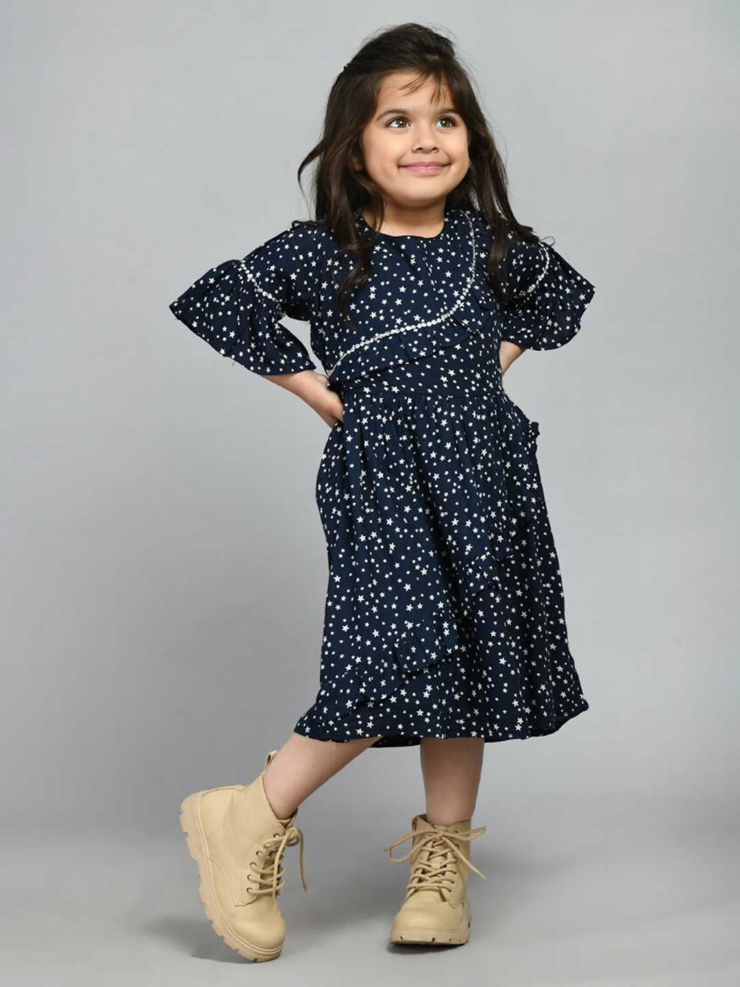 

Bella Moda Girls Conversational Printed Bell Sleeves Ruffle A-line Pure Cotton Dress, Navy blue