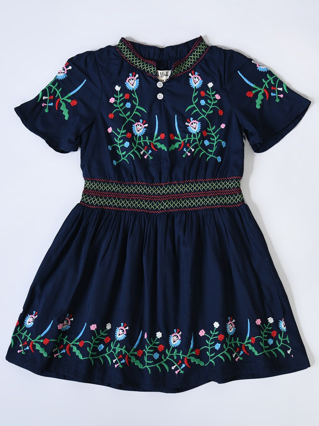 

Bella Moda Girls Floral Embroidered High Neck Fit & Flare Pure Cotton Dress, Navy blue