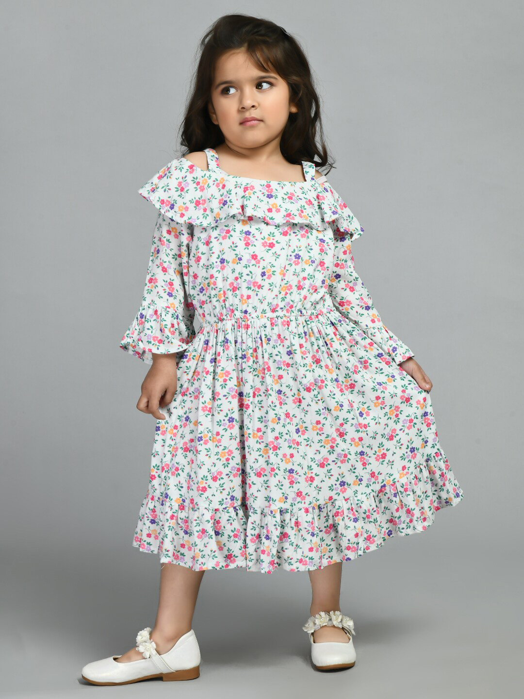 

Bella Moda Girls Floral Printed Bell Sleeves Fit & Flare Pure Cotton Midi Dress, White