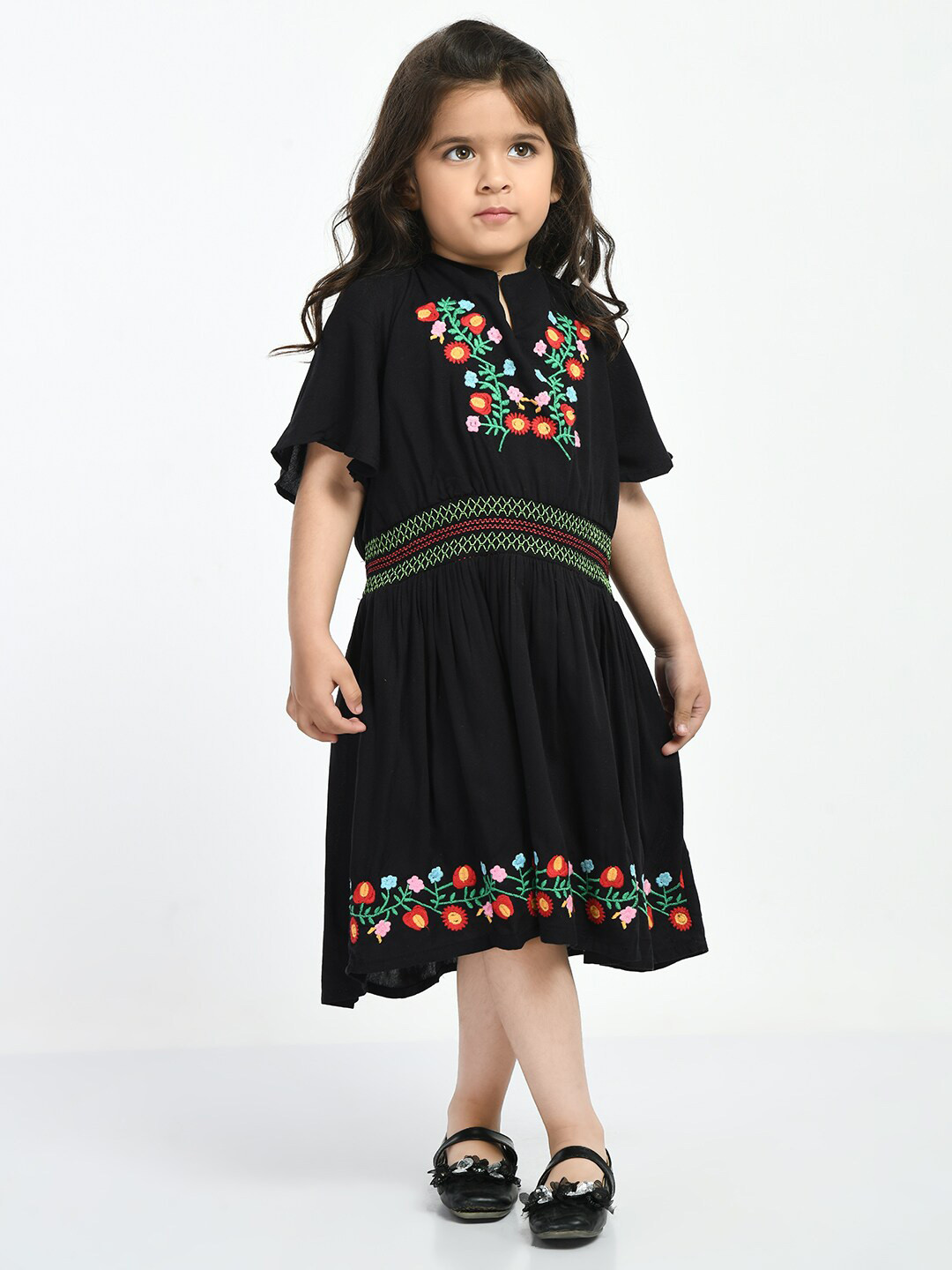 

Bella Moda Girls Floral Embroidered Tie-Up Neck A-Line Midi Dress, Black