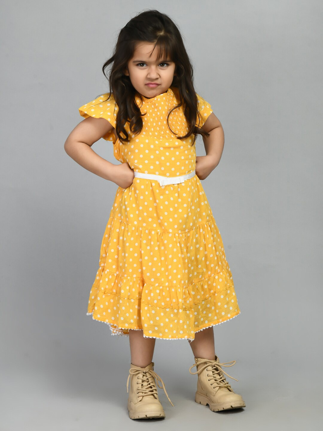 

Bella Moda Girls Polka Dots Printed A-Line Pure Cotton Dress, Mustard