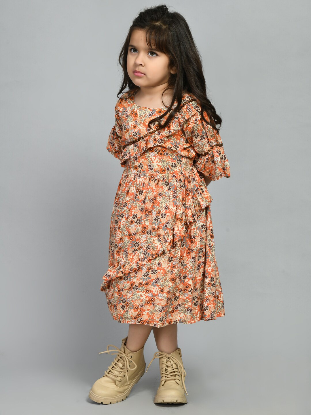 

Bella Moda Girls Floral Printed Pure Cotton A-Line Midi Dress, Orange
