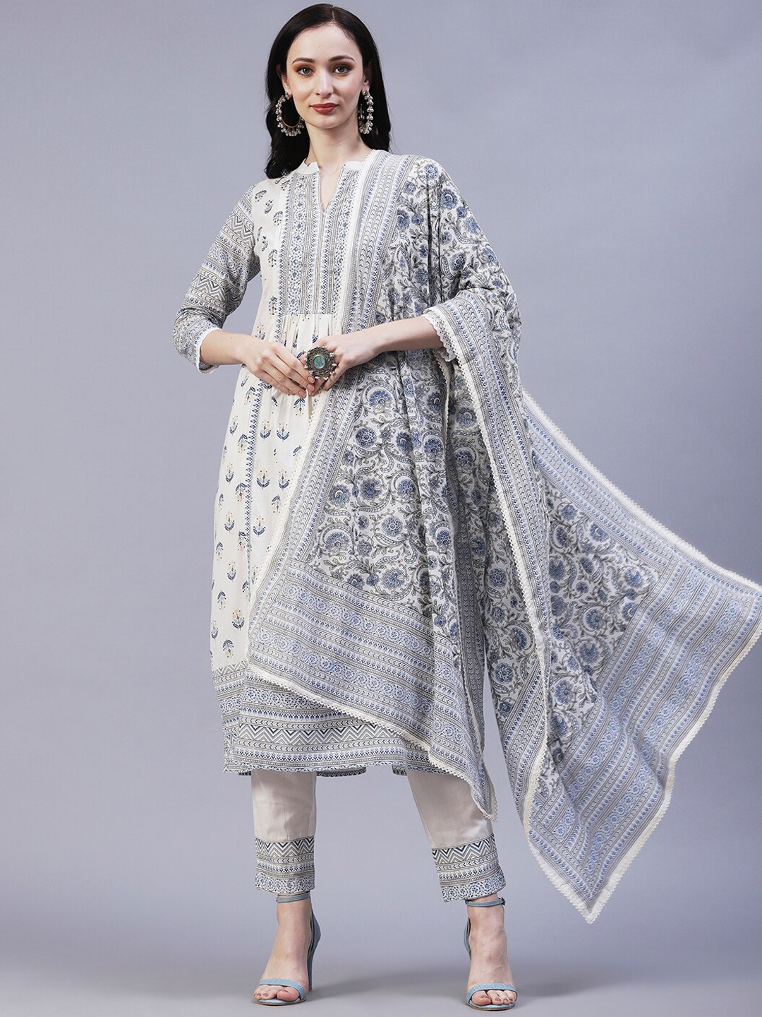 

FASHOR Ethnic Motifs Printed A-Line Pure Cotton Kurta with Trousers & Dupatta, Off white