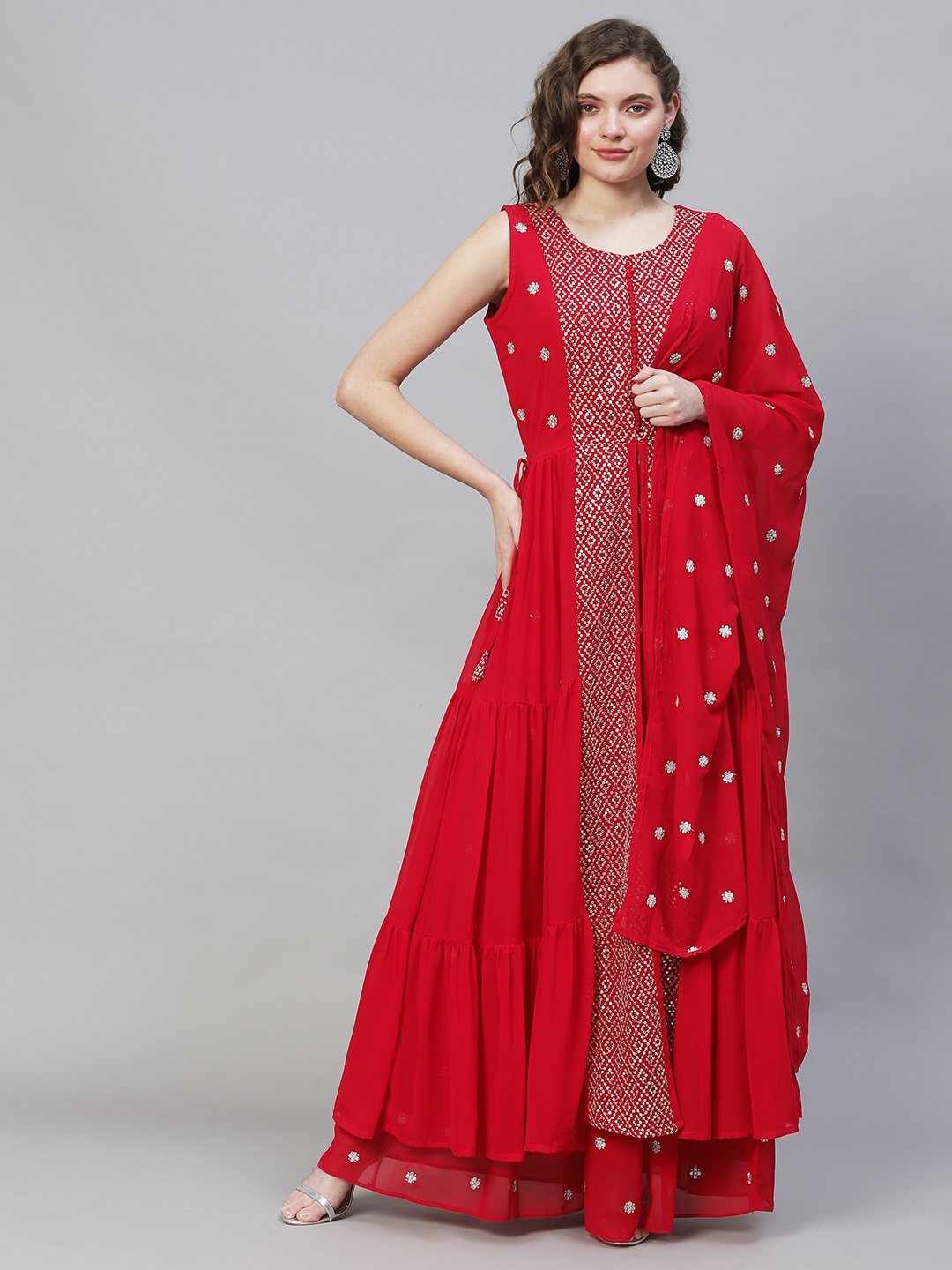 

FASHOR Women Ethnic Motifs Embroidered Tiered Kurta with Palazzos & Dupatta, Red