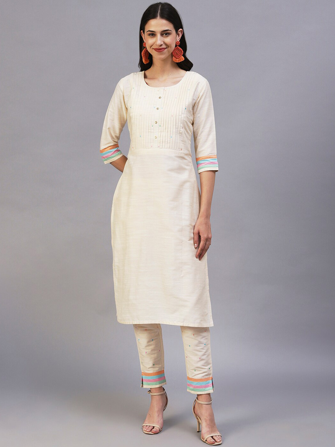 

FASHOR Thread Work Kurta with Trousers, Off white