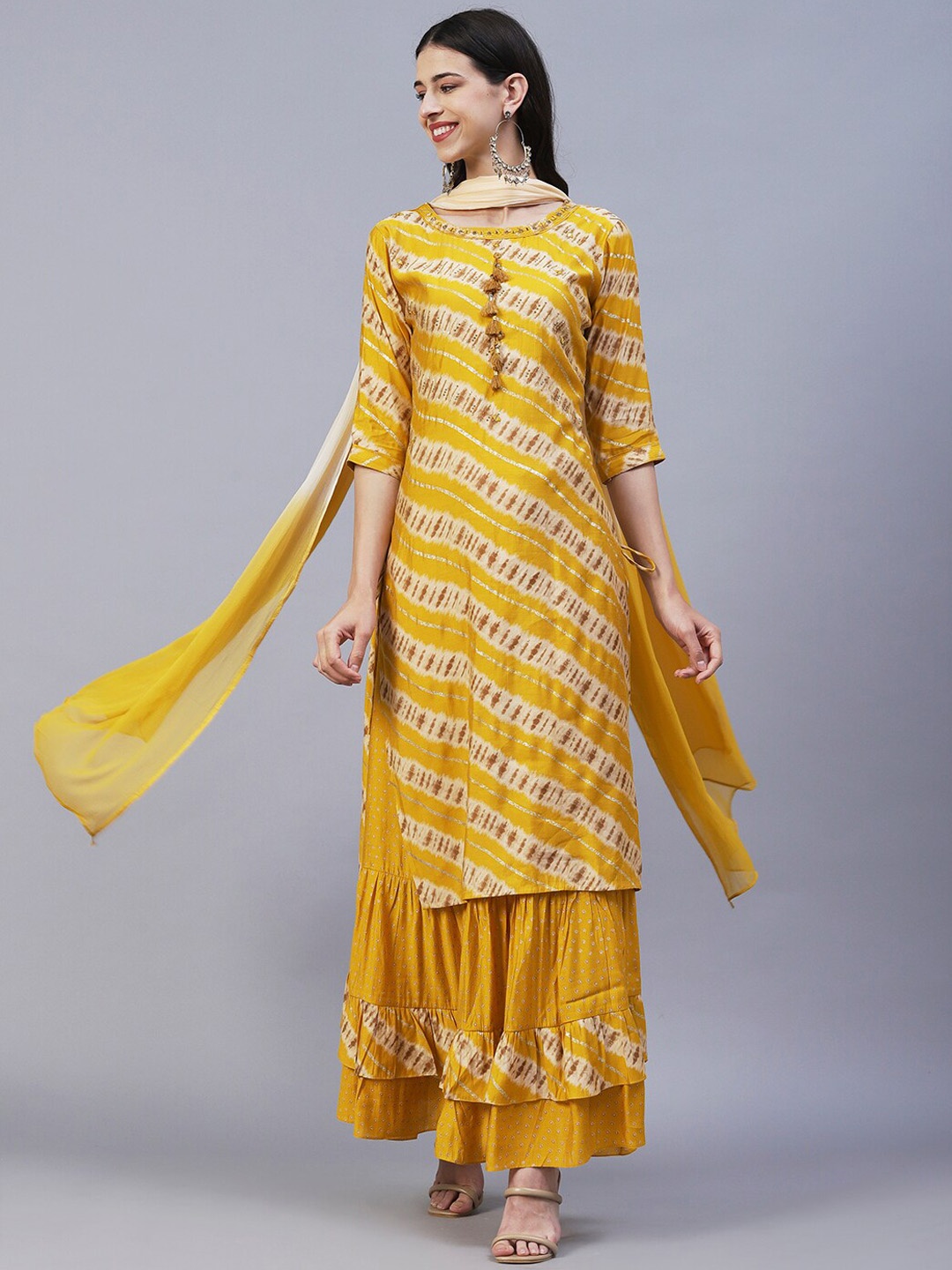 

FASHOR Striped Beads & Stones Embroidered Kurta With Skirt & Dupatta, Yellow