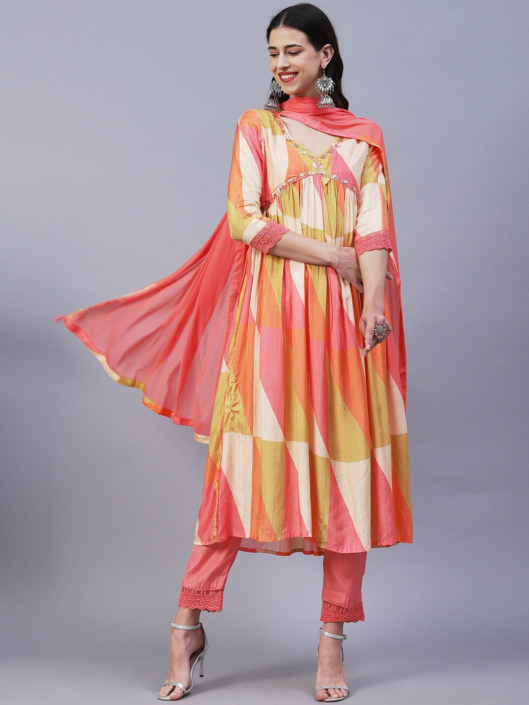 

FASHOR Geometric Embroidered V-Neck A-Line Kurta with Trousers & With Dupatta, Pink