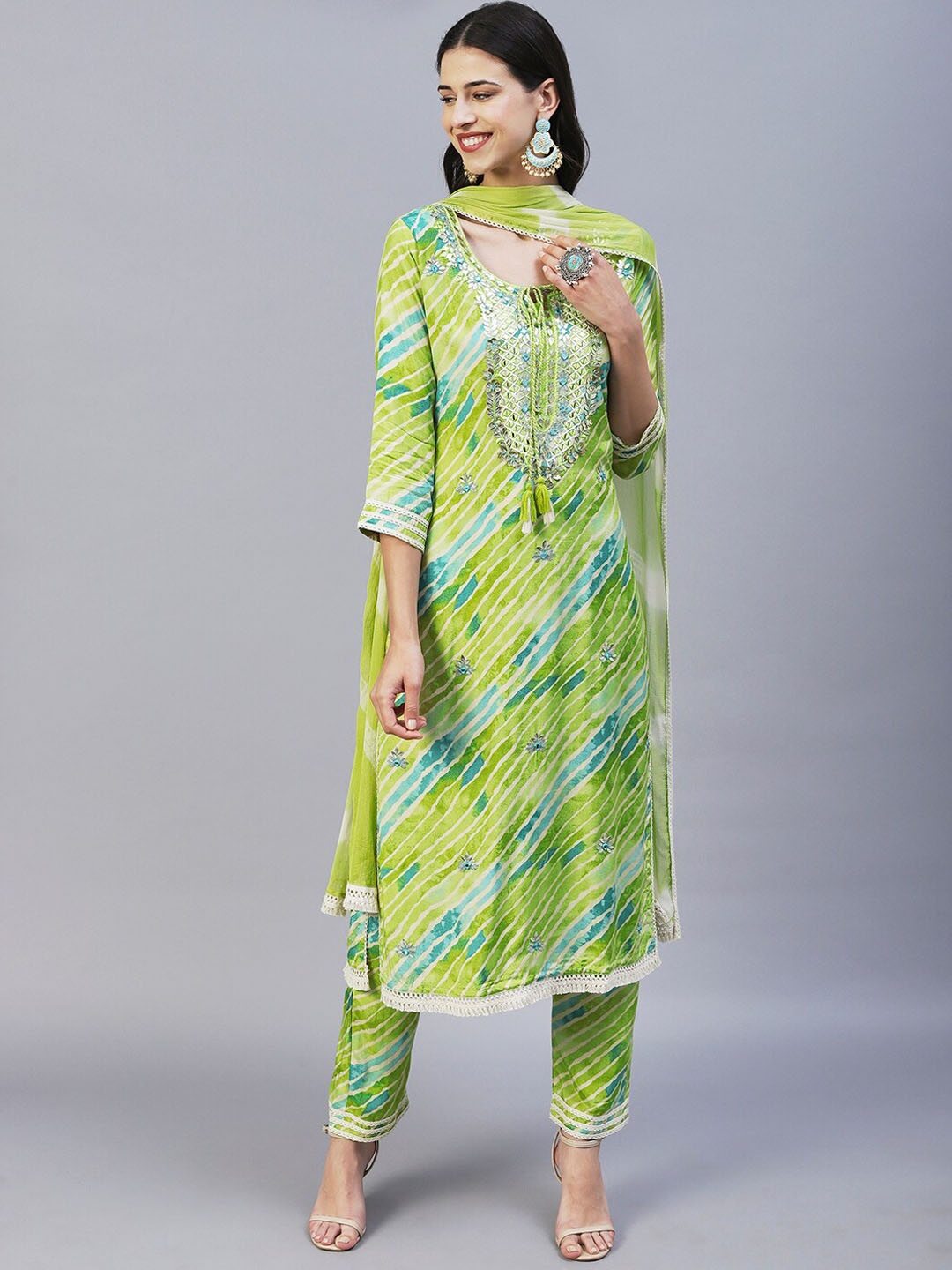 

FASHOR Leheriya Printed Mirror Work Gotta Patti Kurta with Trousers & Dupatta, Lime green