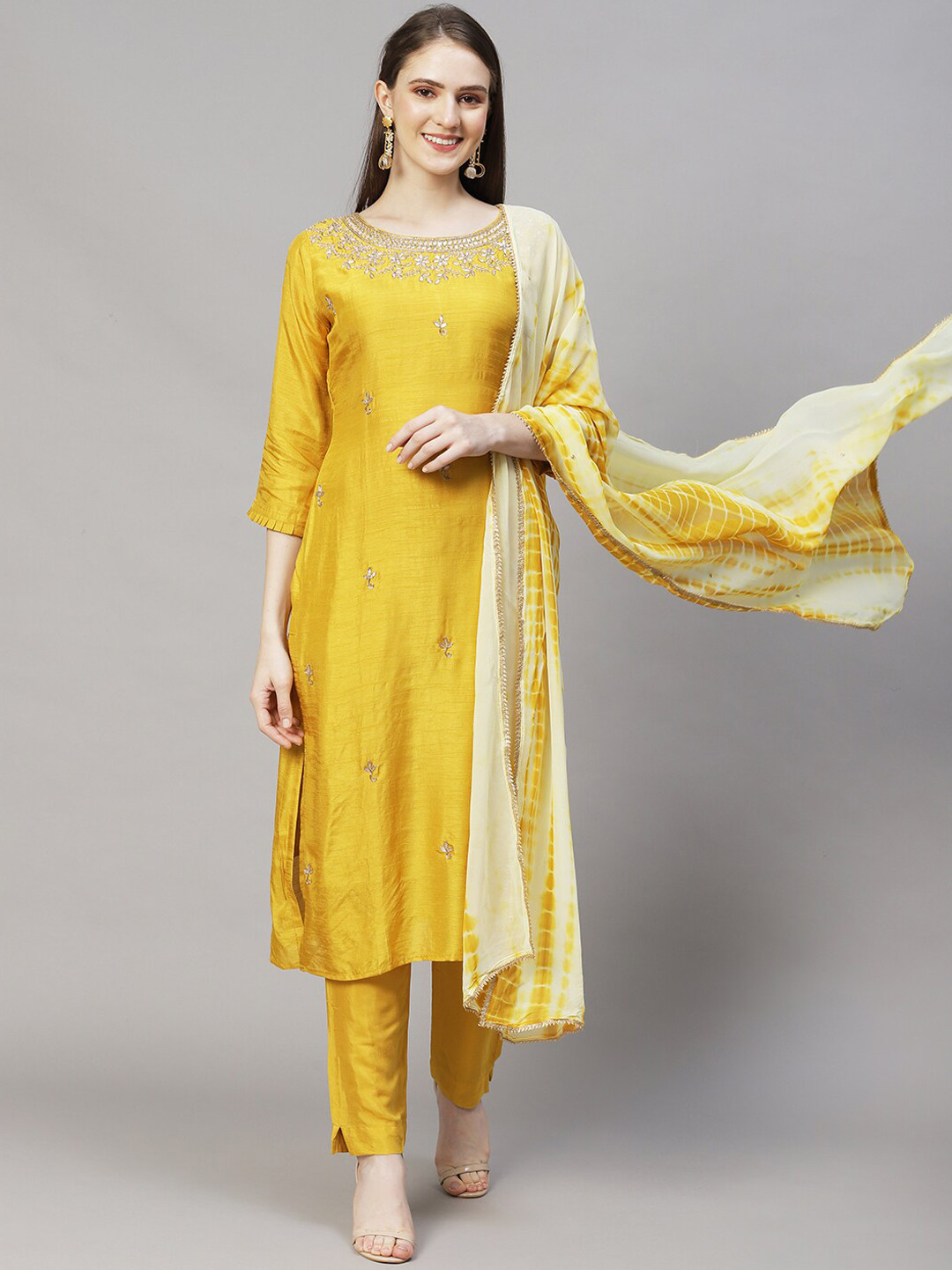 

FASHOR Ethnic Motifs Embroidered Gotta Patti Kurta with Trousers & Dupatta, Yellow