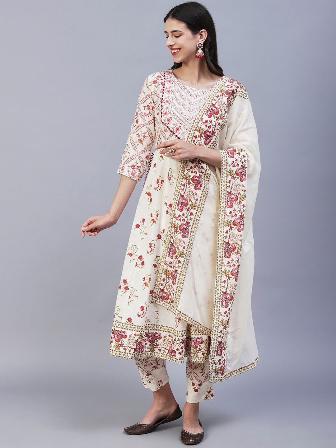 

FASHOR Floral Printed Sequinned Pure Cotton Kurta with Trousers & With Dupatta, Off white