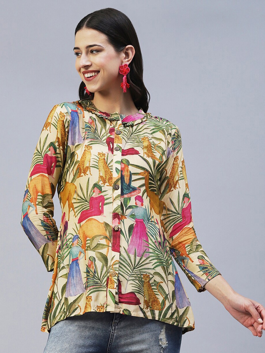 

FASHOR Tribal Printed Casual Shirt, Cream