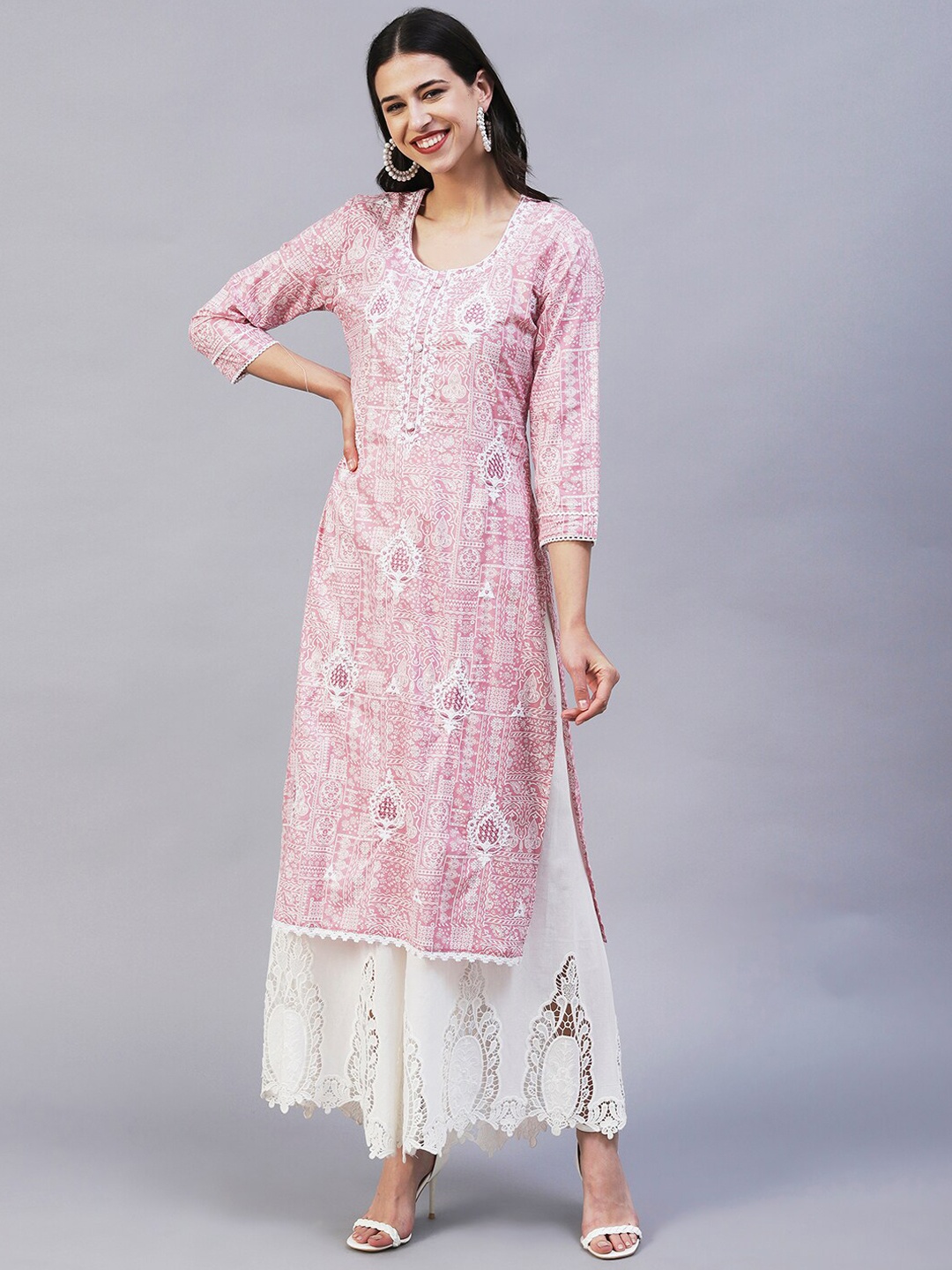 

FASHOR Ethnic Motifs Printed & Embroidered Mirror Work Pure Cotton Kurta, Pink
