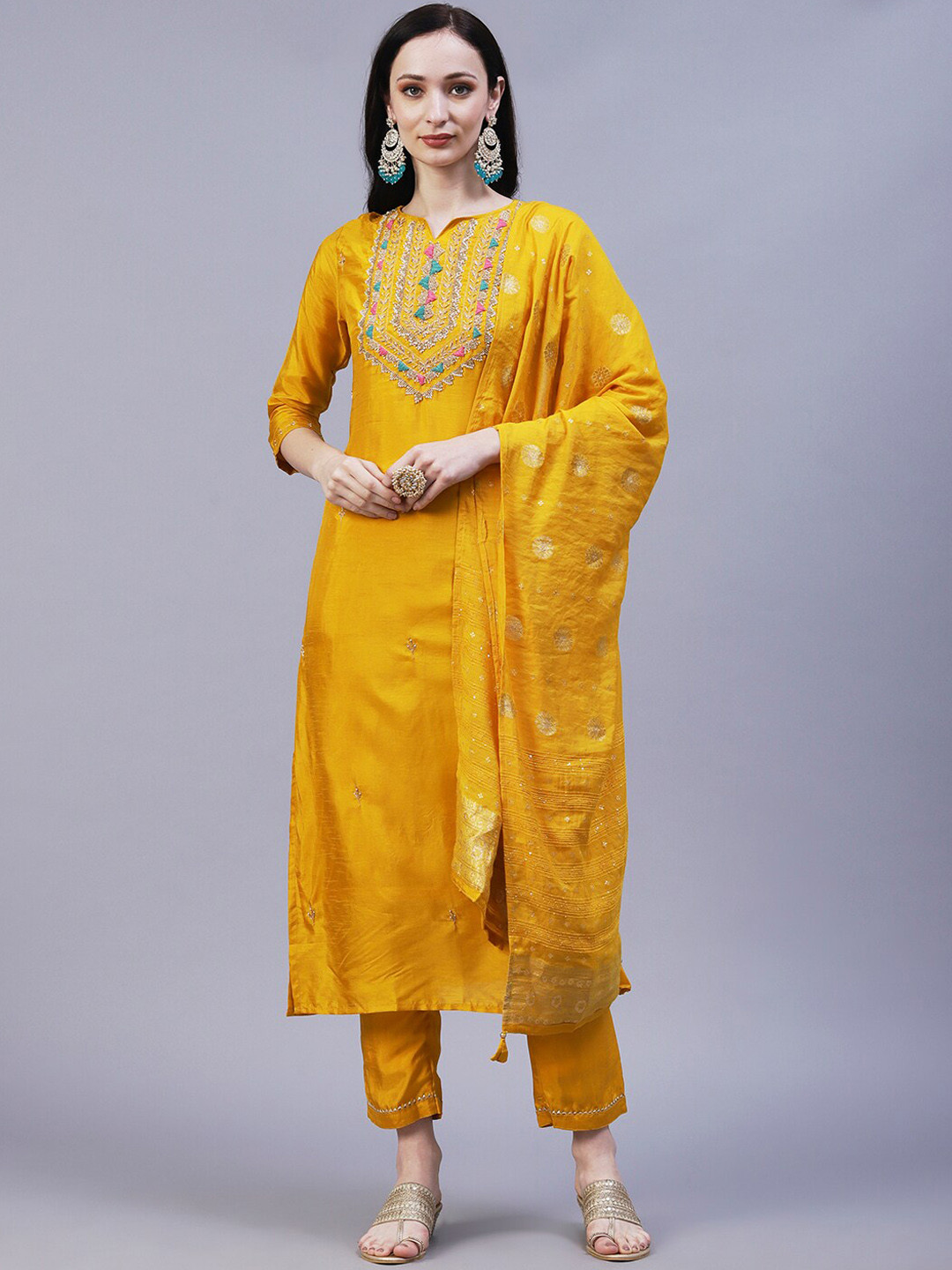 

FASHOR Ethnic Motifs Embroidered Gotta Patti Kurta with Trousers & Dupatta, Yellow
