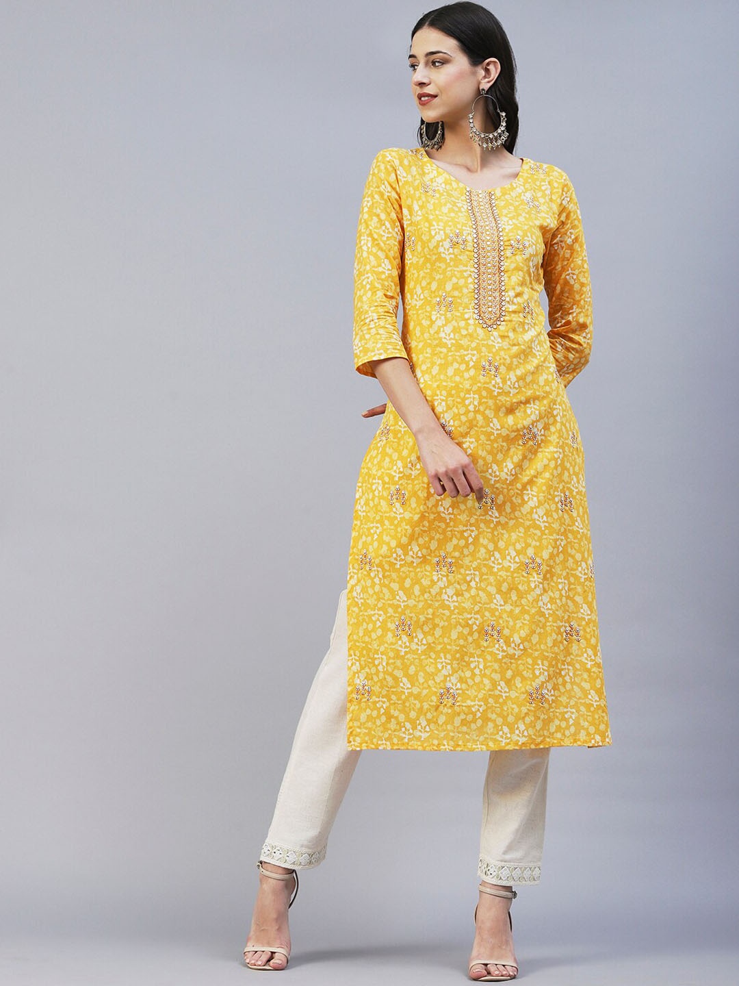 

FASHOR Ethnic Motifs Printed Thread Work Cotton Kurta, Yellow