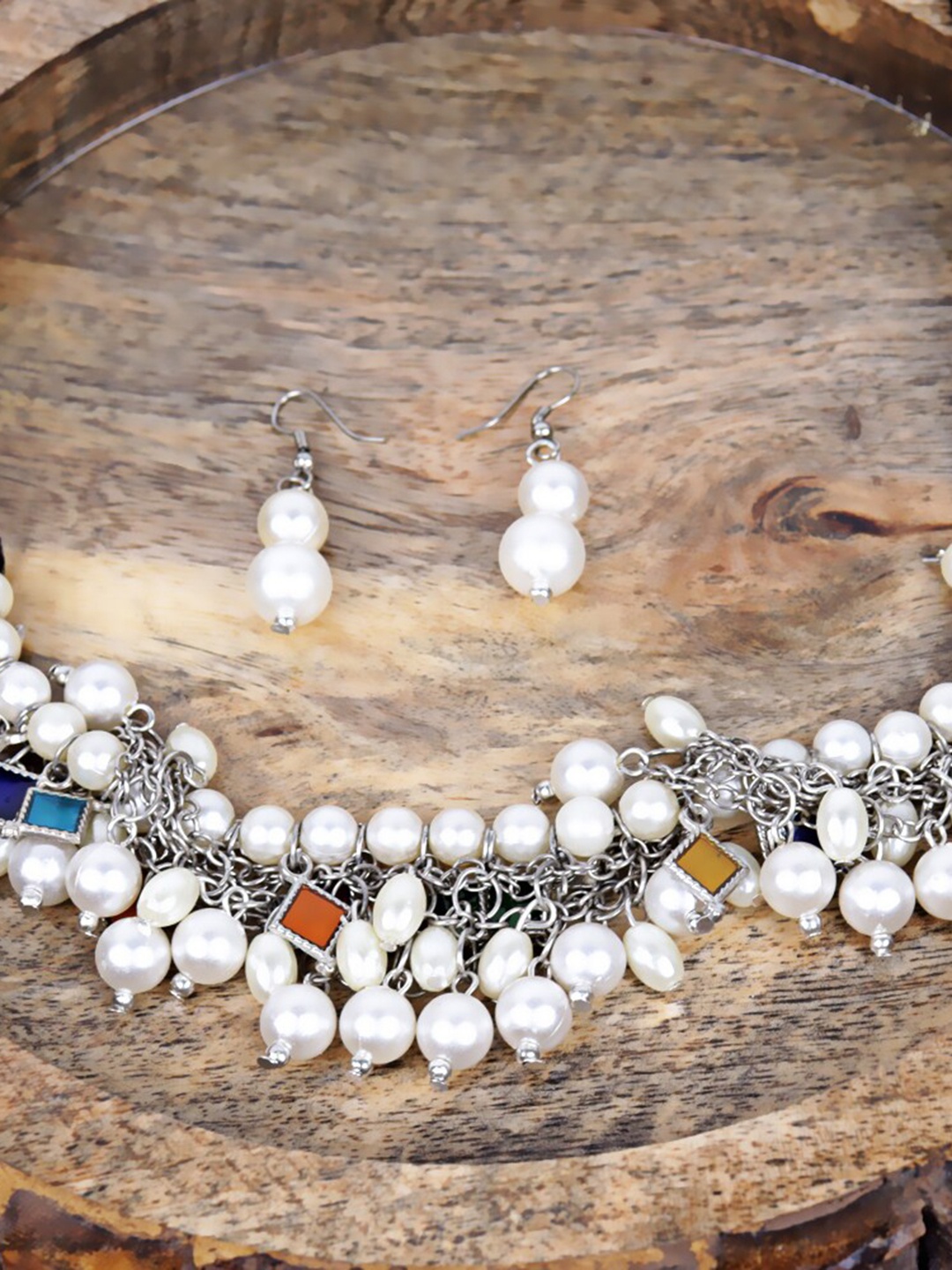 

Krelin Oxidised Silver-Plated Stone-Studded & Pearl Beaded Jewellery Set, White