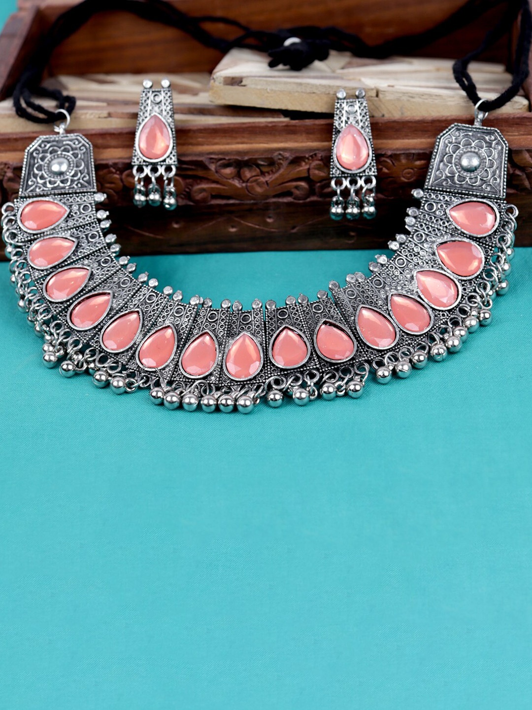 

Krelin Silver-Plated Stones Studded & Beaded Oxidised Jewellery Set