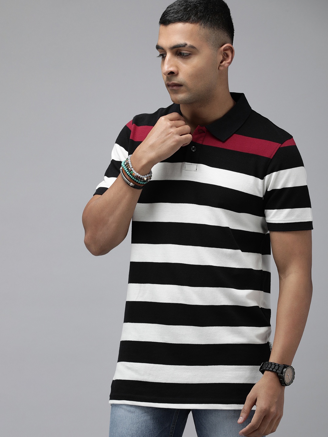 

Roadster Men Regular Fit Striped Polo Collar T-shirt, Black