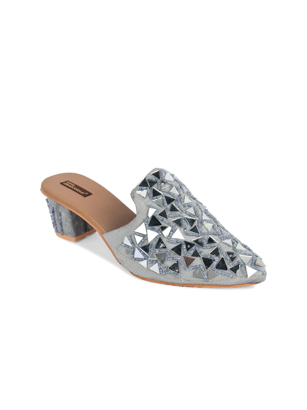 

DESI COLOUR Embellished Open Back Block Mules, Grey