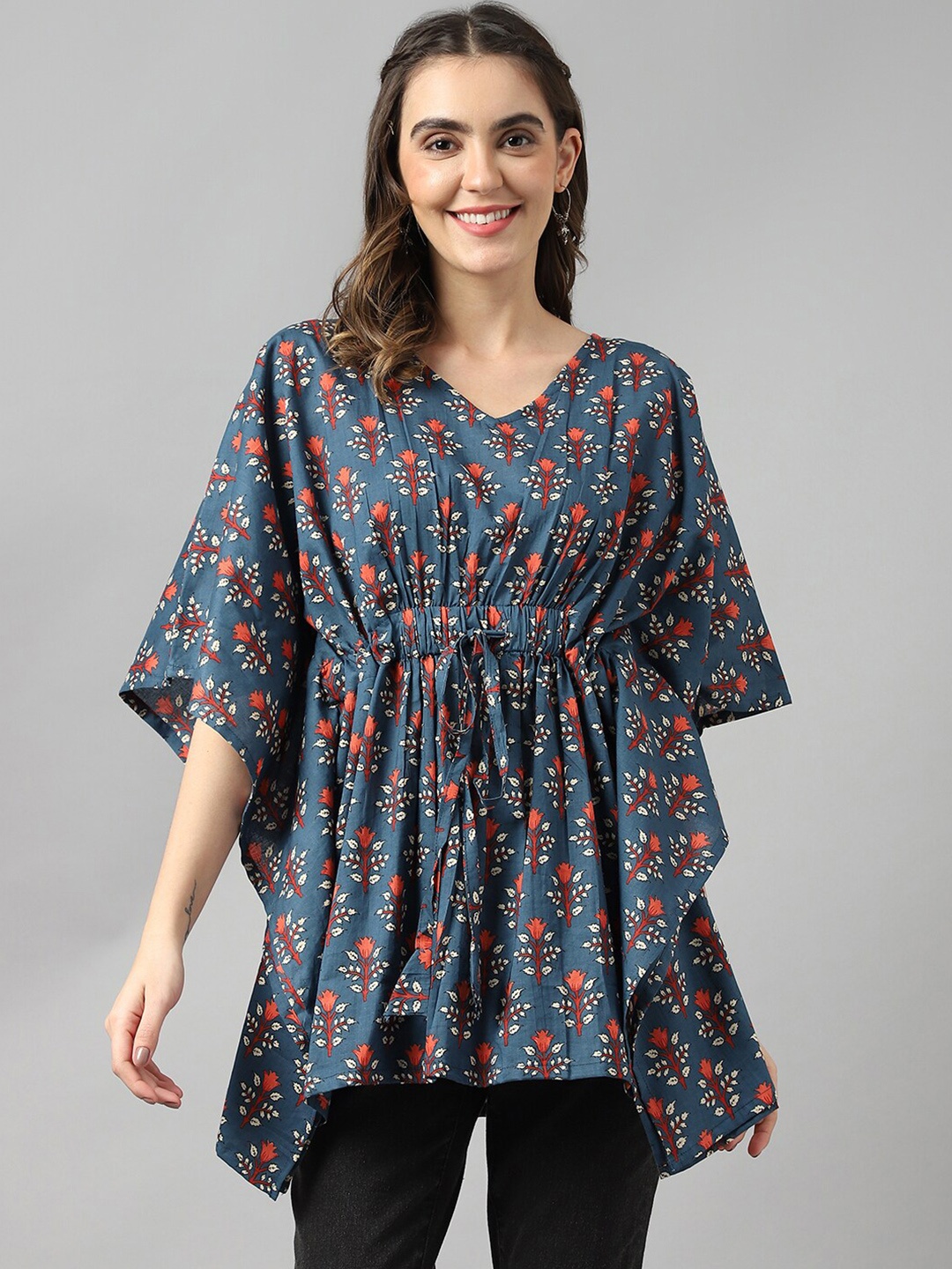 

DECKEDUP Floral Print Extended Sleeves Kaftan Cotton Longline Top, Blue