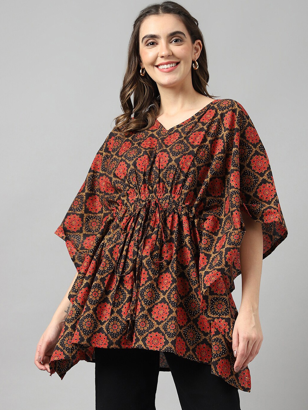 

DECKEDUP Ethnic Motif Printed Pure Cotton Kaftan Longline Top, Black