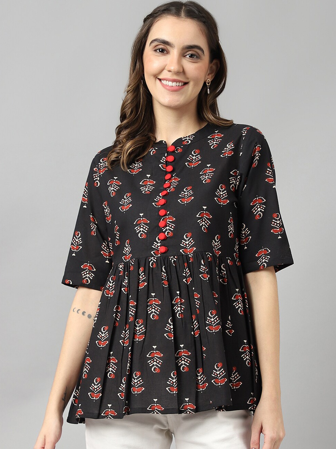 

DECKEDUP Black Floral Print Mandarin Collar Top