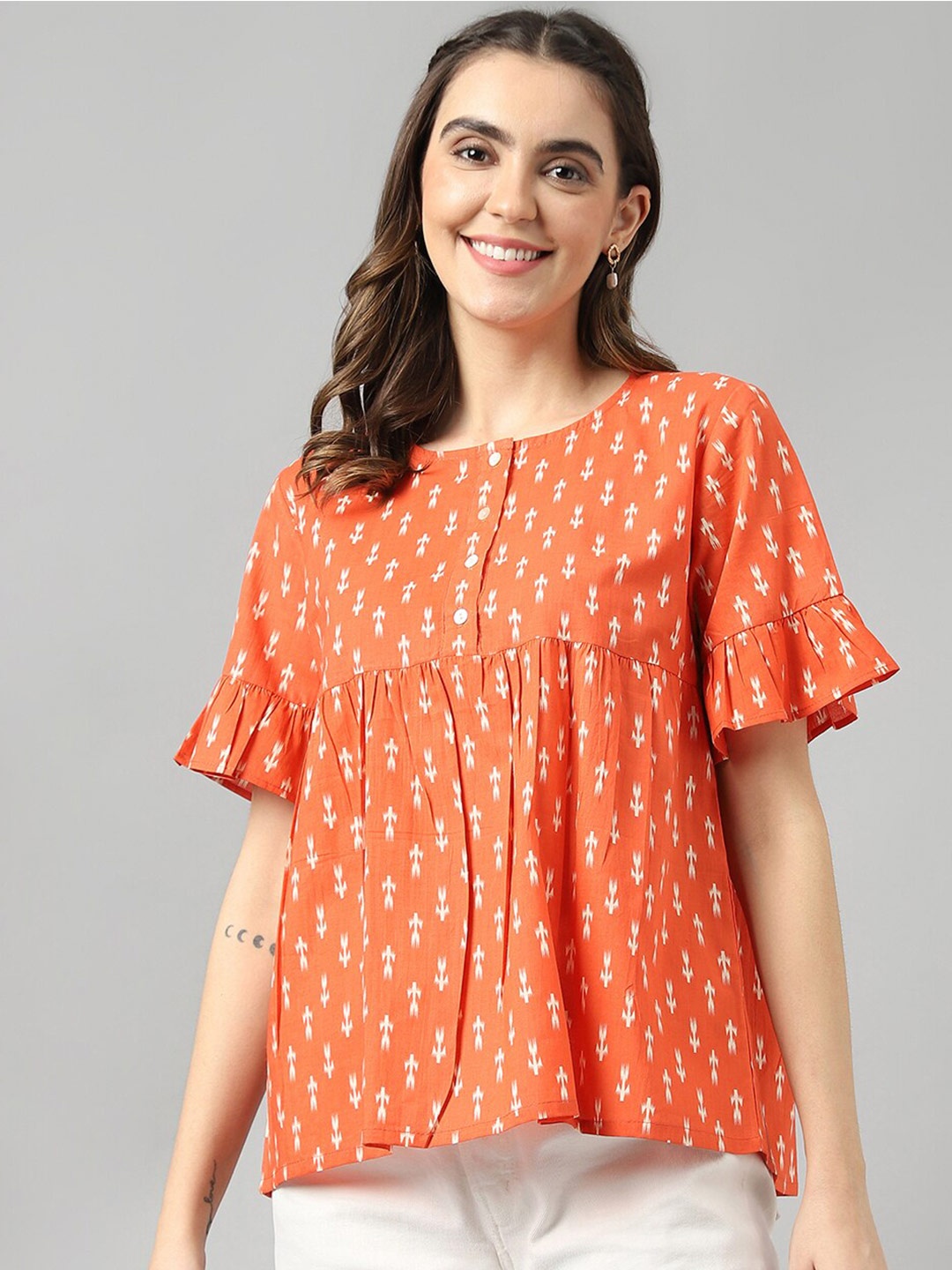 

DECKEDUP Geometric Printed Bell Sleeves Ikat A-line Cotton Top, Orange