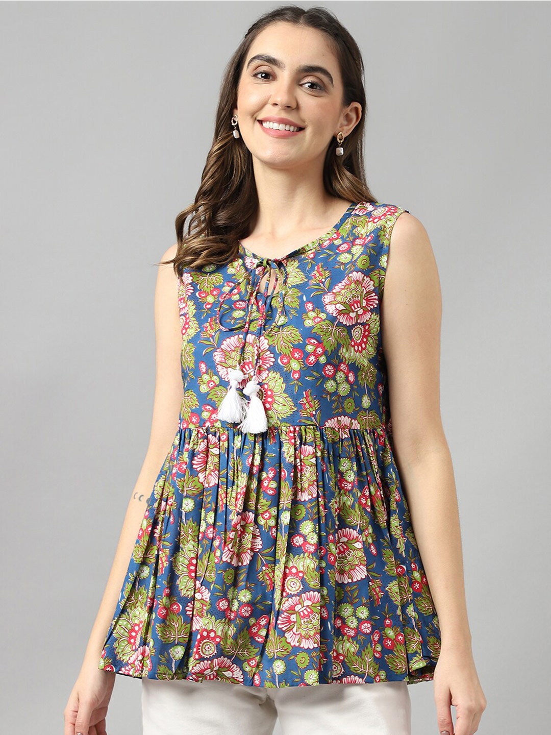 

DECKEDUP Floral Printed Tie-Up Neck Cinched Waist Top, Blue