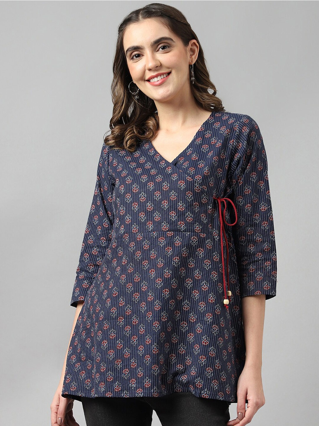 

DECKEDUP Printed Angrakha Cotton Kurti, Blue