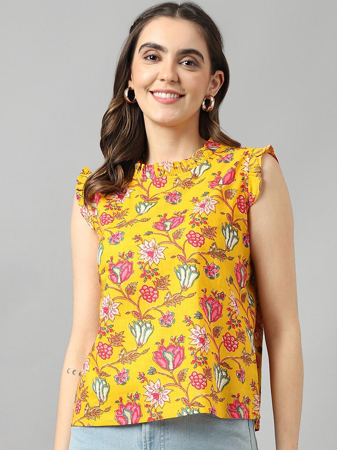 

DECKEDUP Ruffle Floral Printed Cotton Top, Yellow
