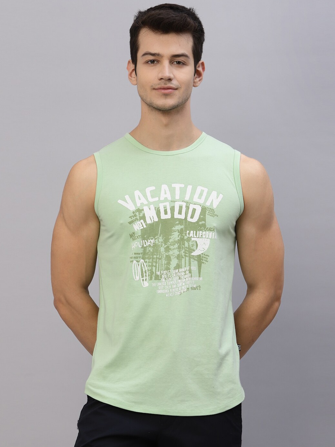 

Rigo Printed Slim Fit Sleeveless Cotton Innerwear Gym Vest, Green