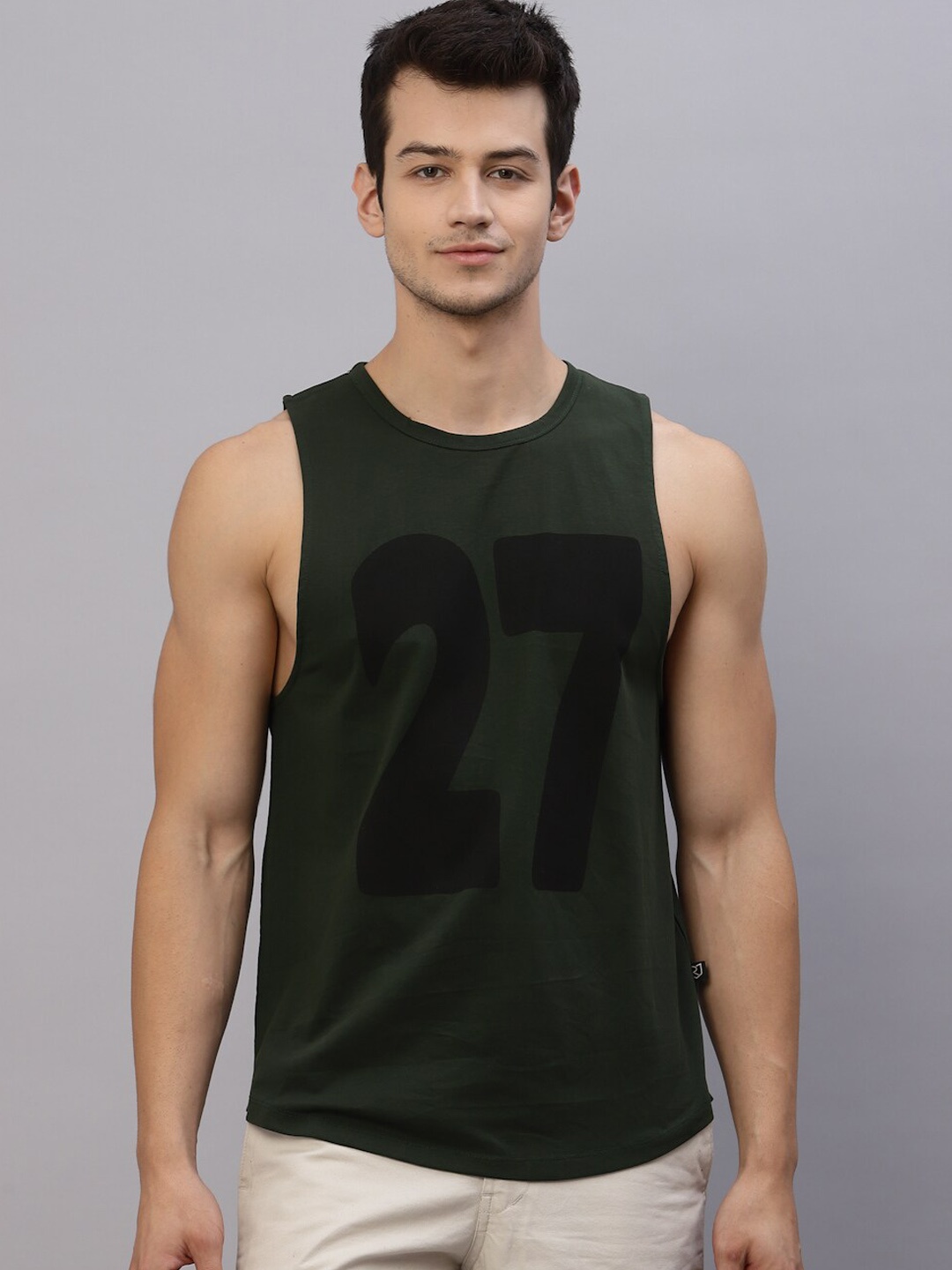 

Rigo Printed Sleeveless Cotton Slim-Fit Gym Vest, Green