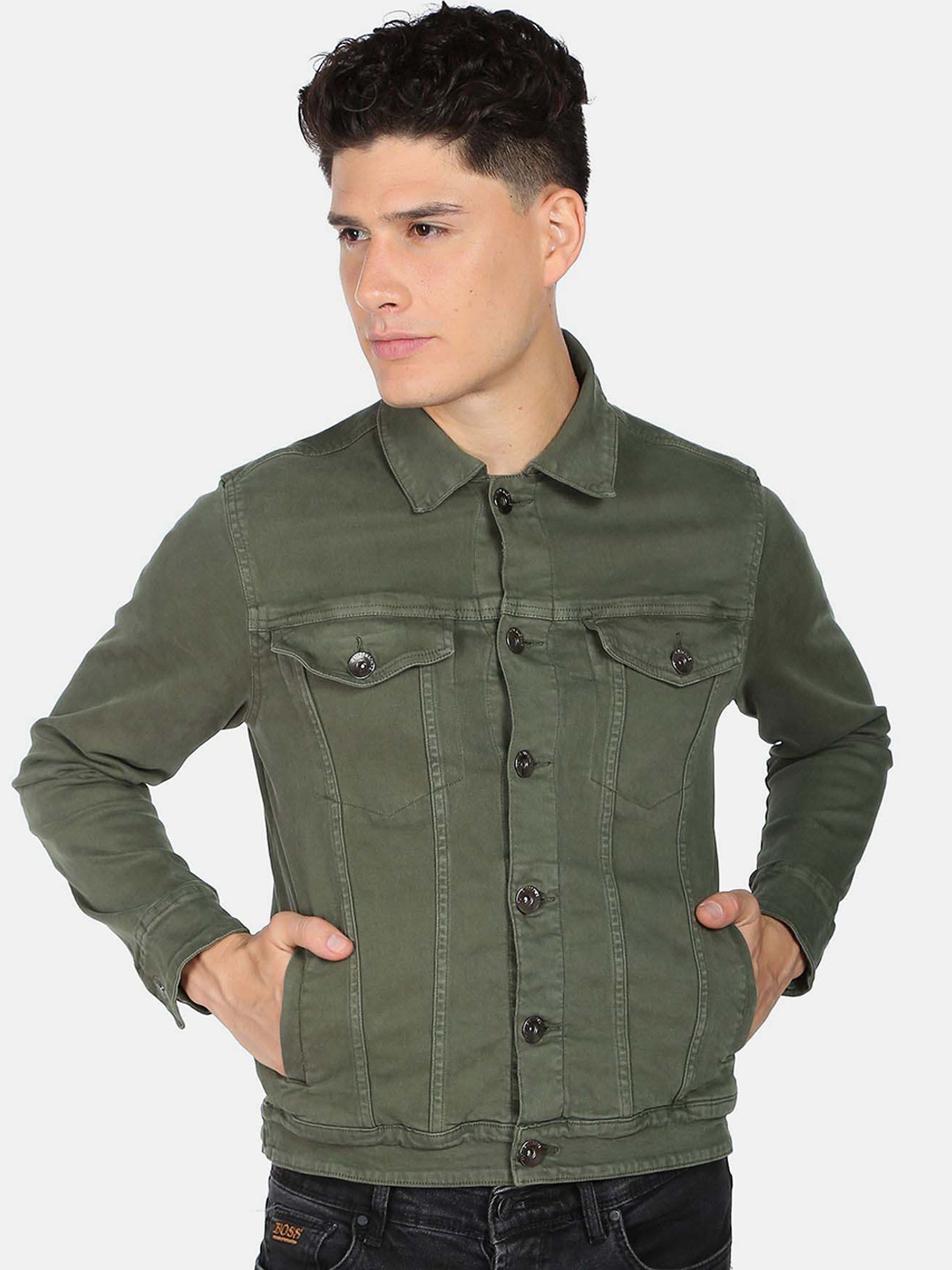 

Flying Machine Men Spread Collar Denim Jacket, Green
