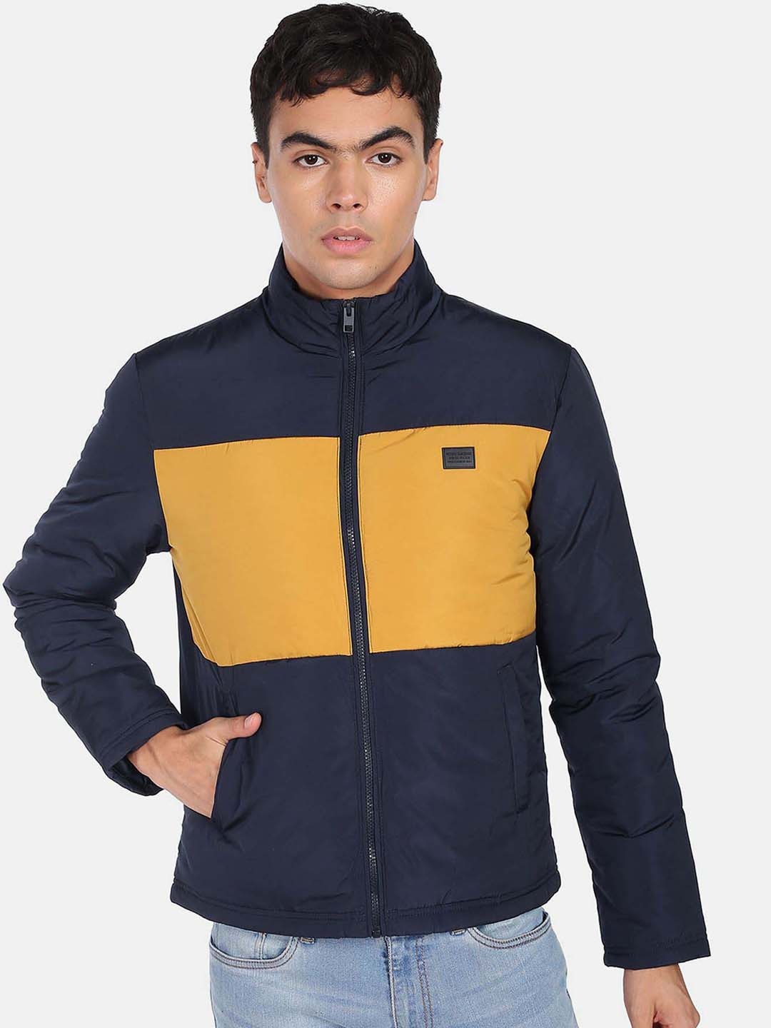 

Flying Machine Colourblocked Puffer Jacket, Navy blue