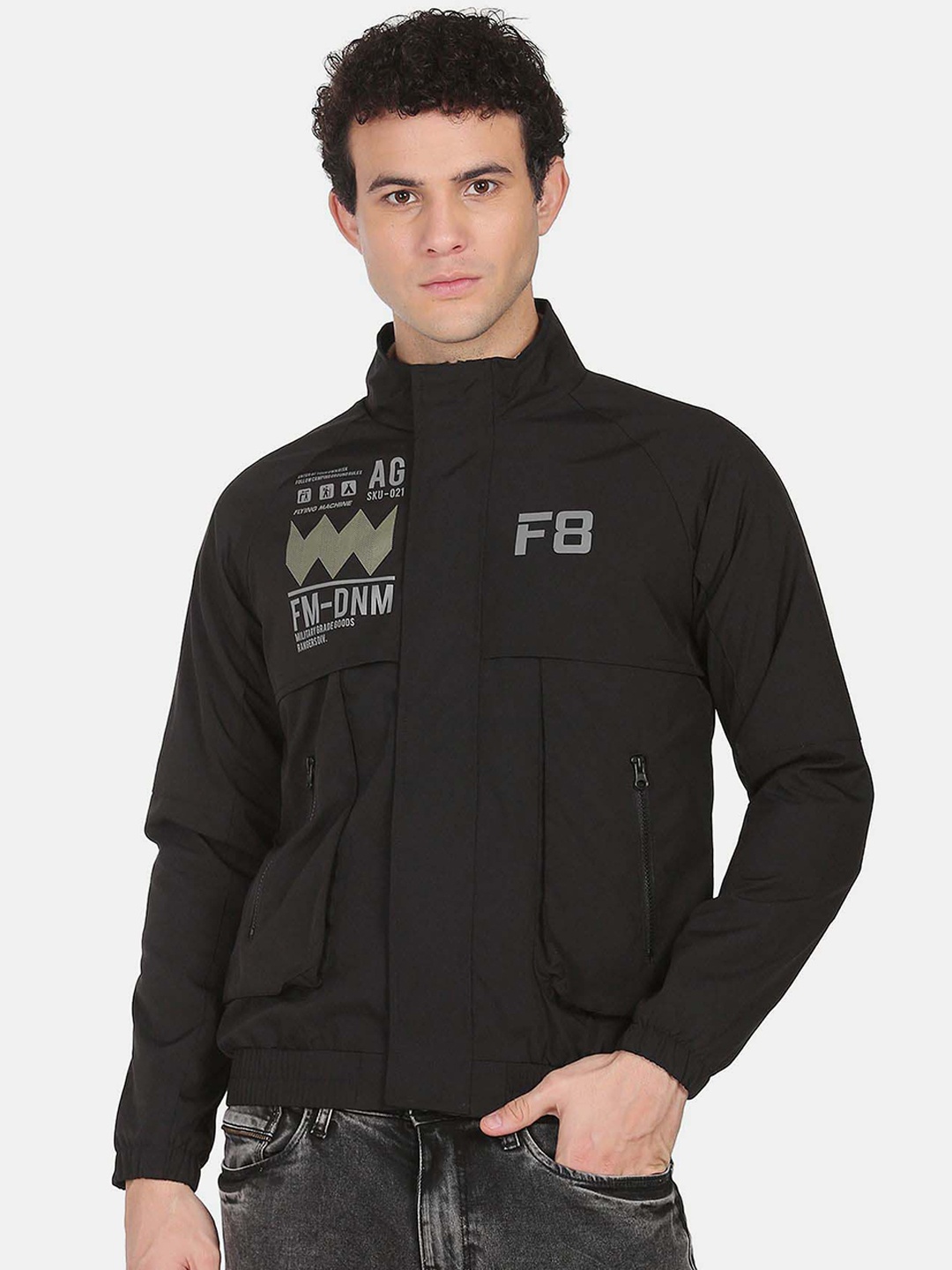

Flying Machine Typography Printed Bomber Jacket, Black