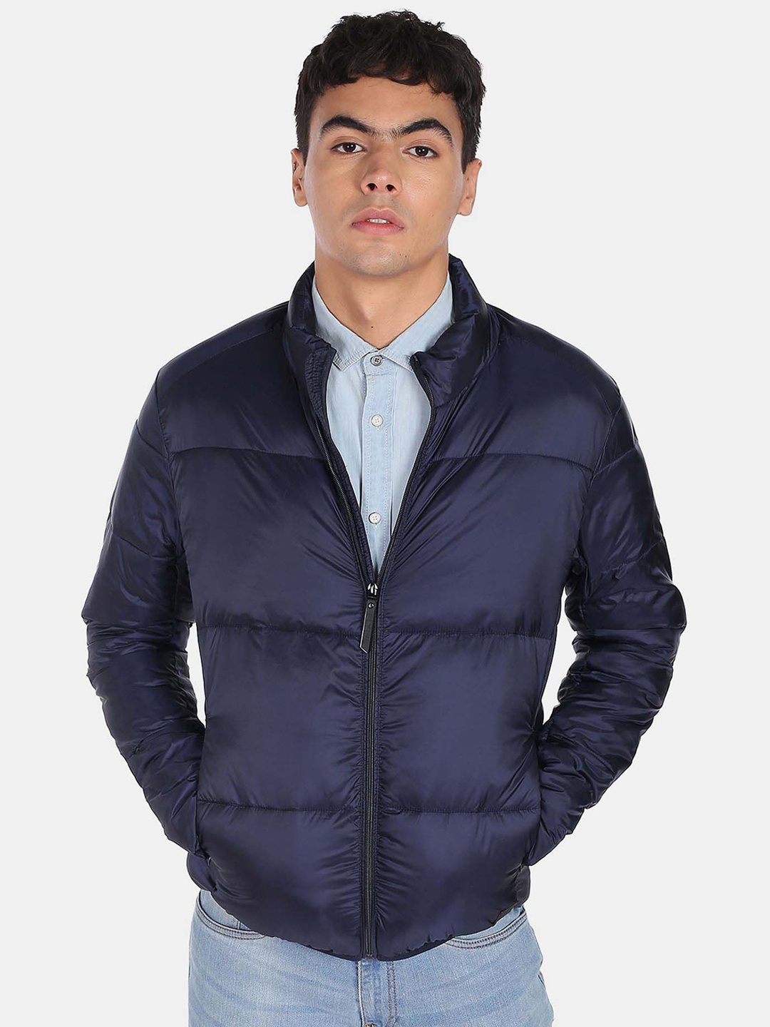 

Flying Machine Stand Collar Quilted Jacket, Blue