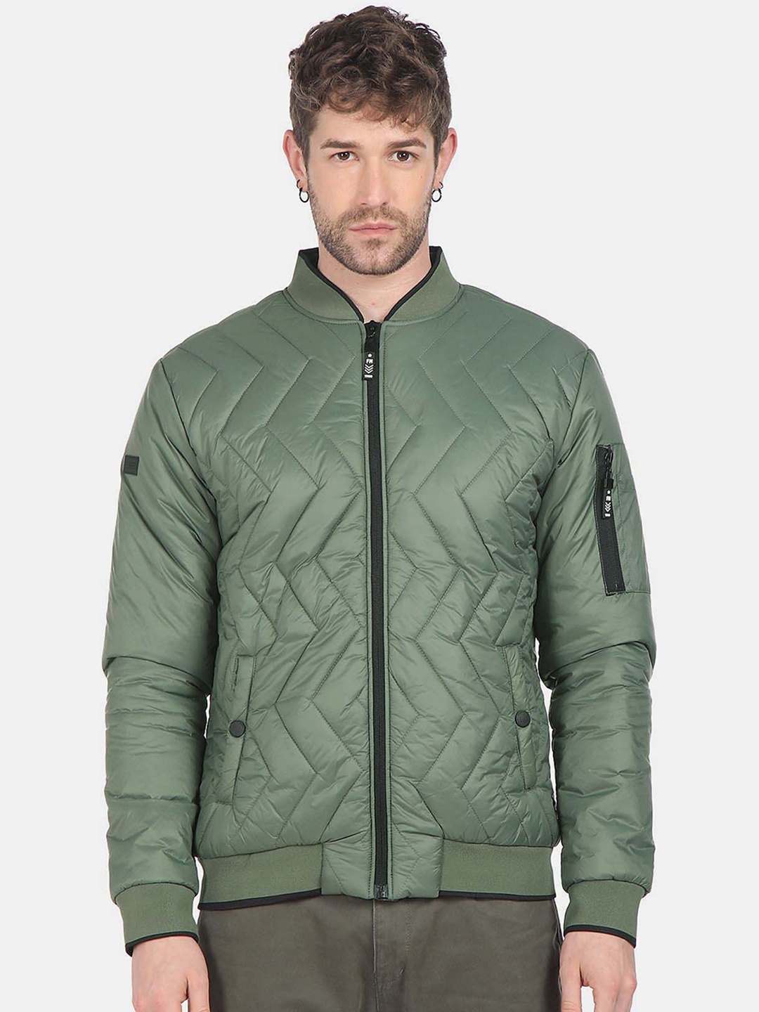 

Flying Machine Men Mandarin Collar Quilted Jacket, Green