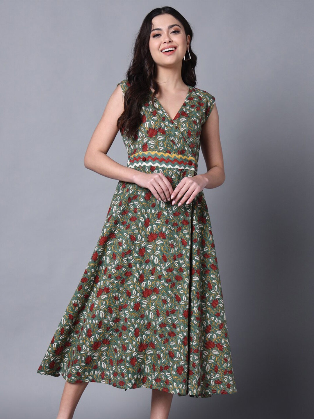 

DECKEDUP Floral Printed Midi Dress, Green