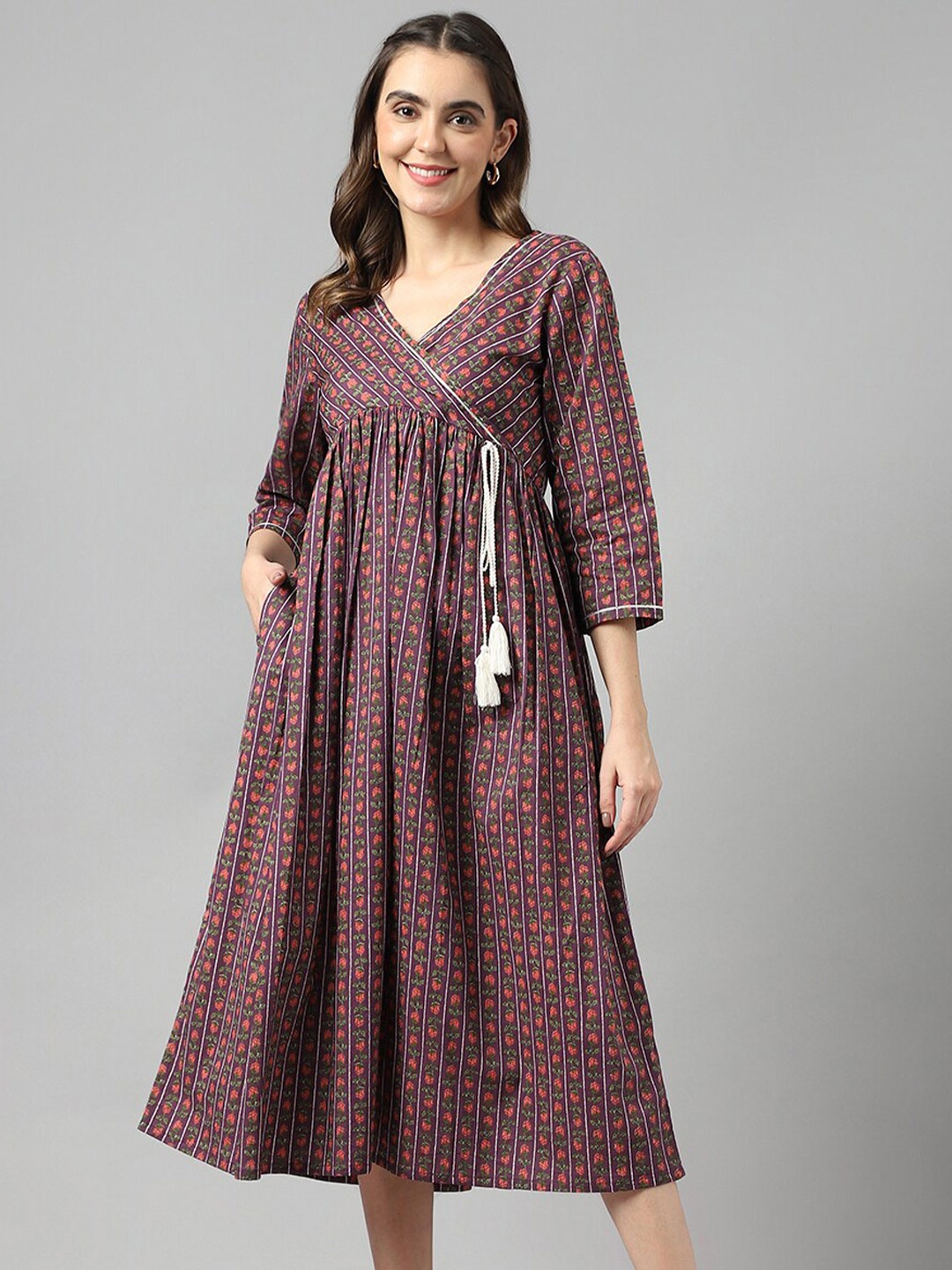 

DECKEDUP V-Neck Floral Printed Cotton Midi Pocket Dress, Purple