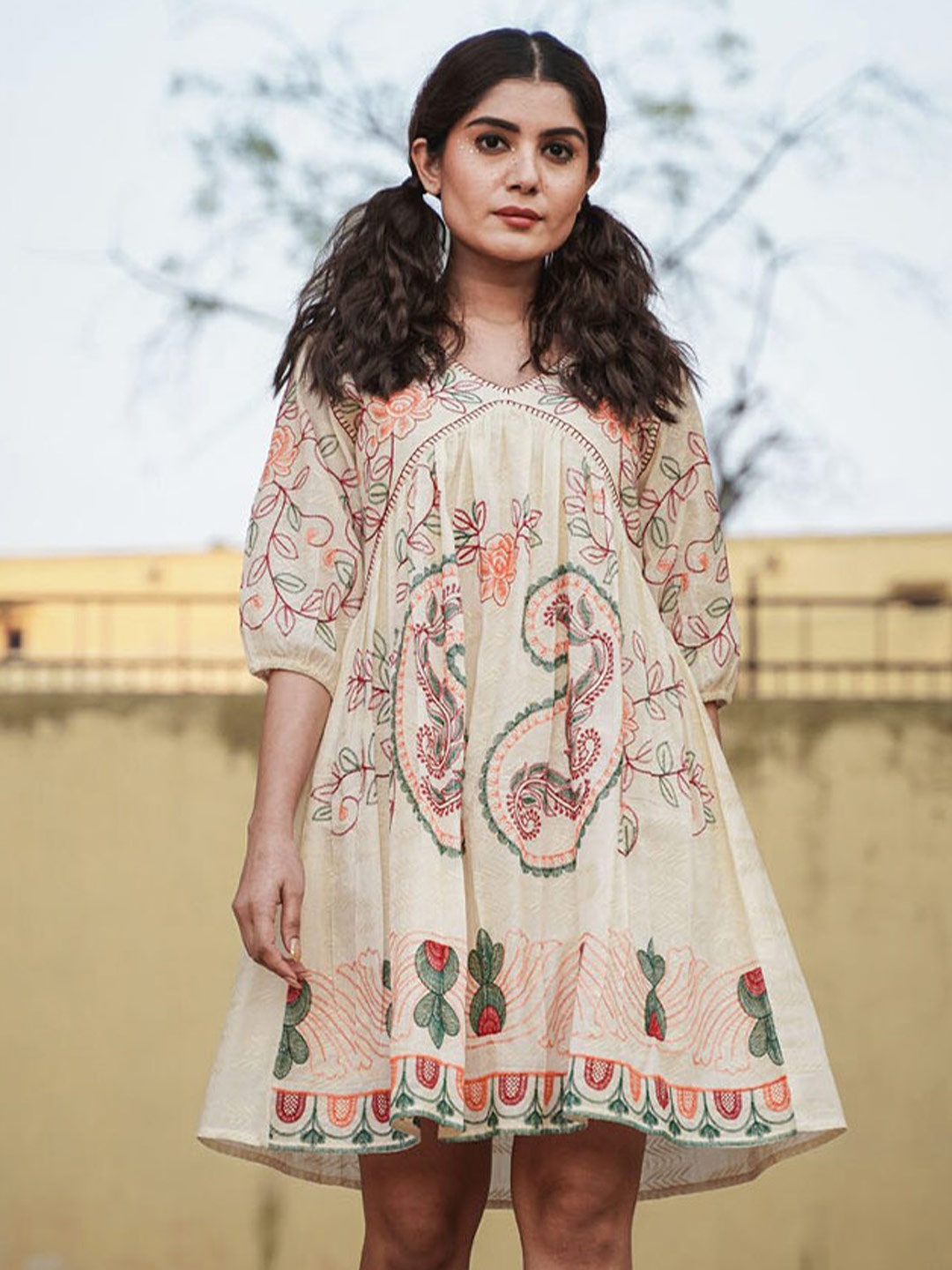 

FASHION DWAR Floral Embroidered A-Line Dress, Cream