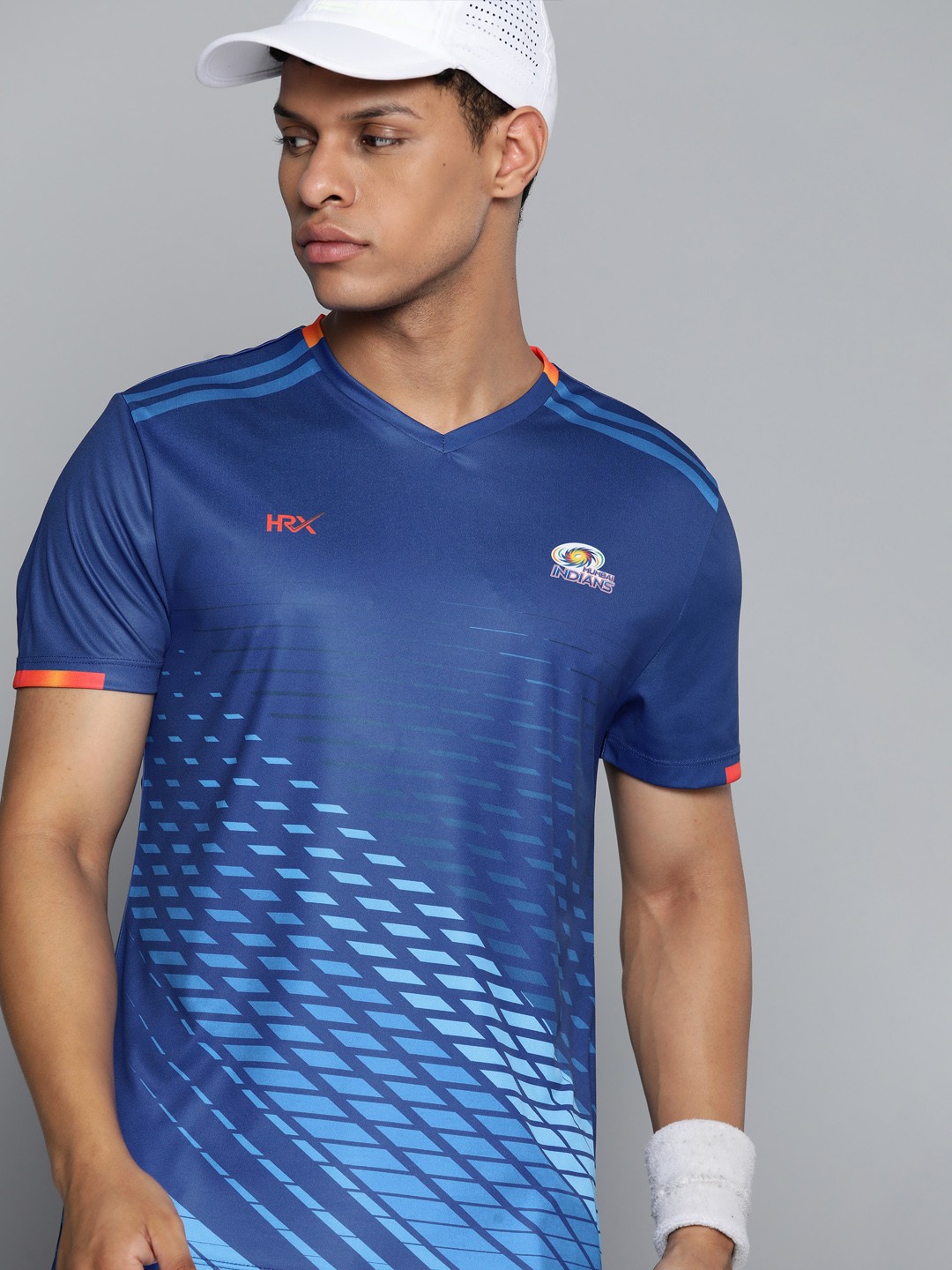 

HRX by Hrithik Roshan Printed V-Neck Antimicrobial Mumbai Indian Fanwear Tshirt, Blue