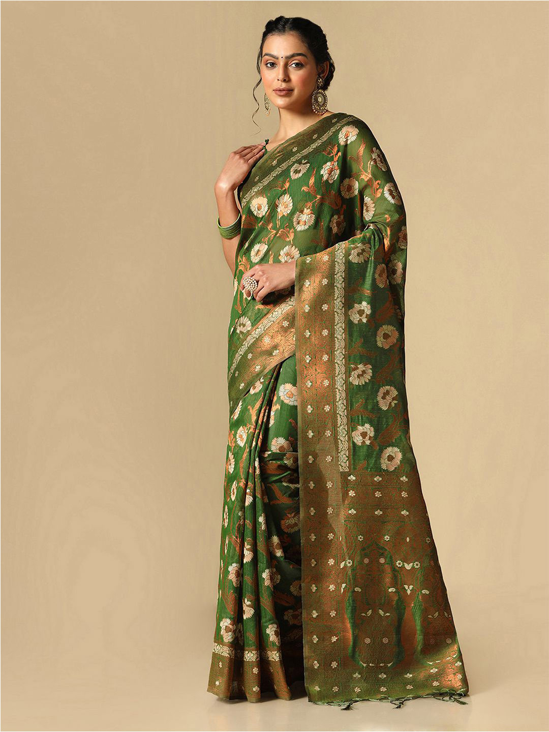 

Mitera Floral Woven Design Zari Banarasi Saree, Green