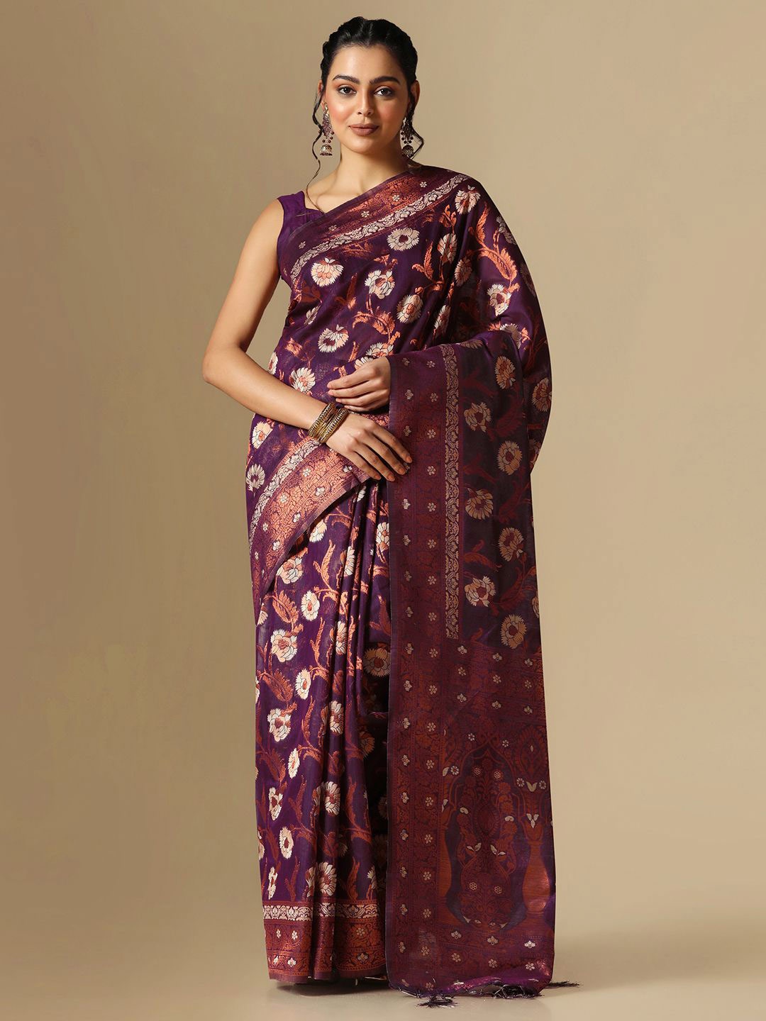 

Mitera Floral Woven Design Zari Banarasi Saree, Purple