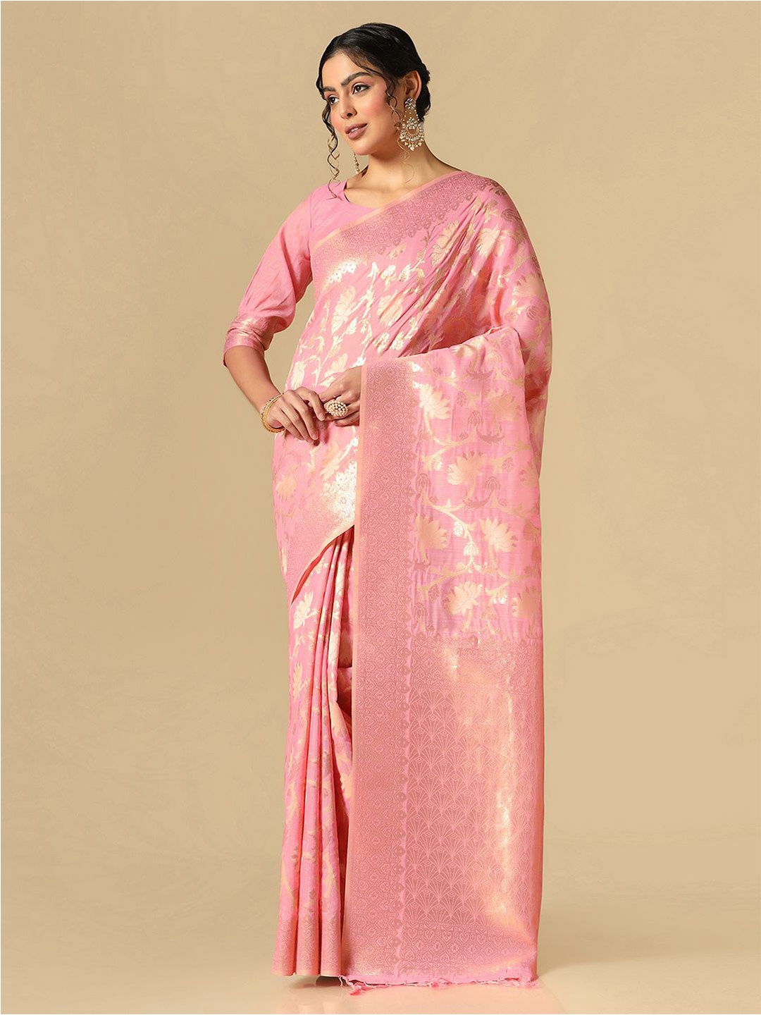 

Mitera Floral Woven Design Zari Banarasi Saree, Pink