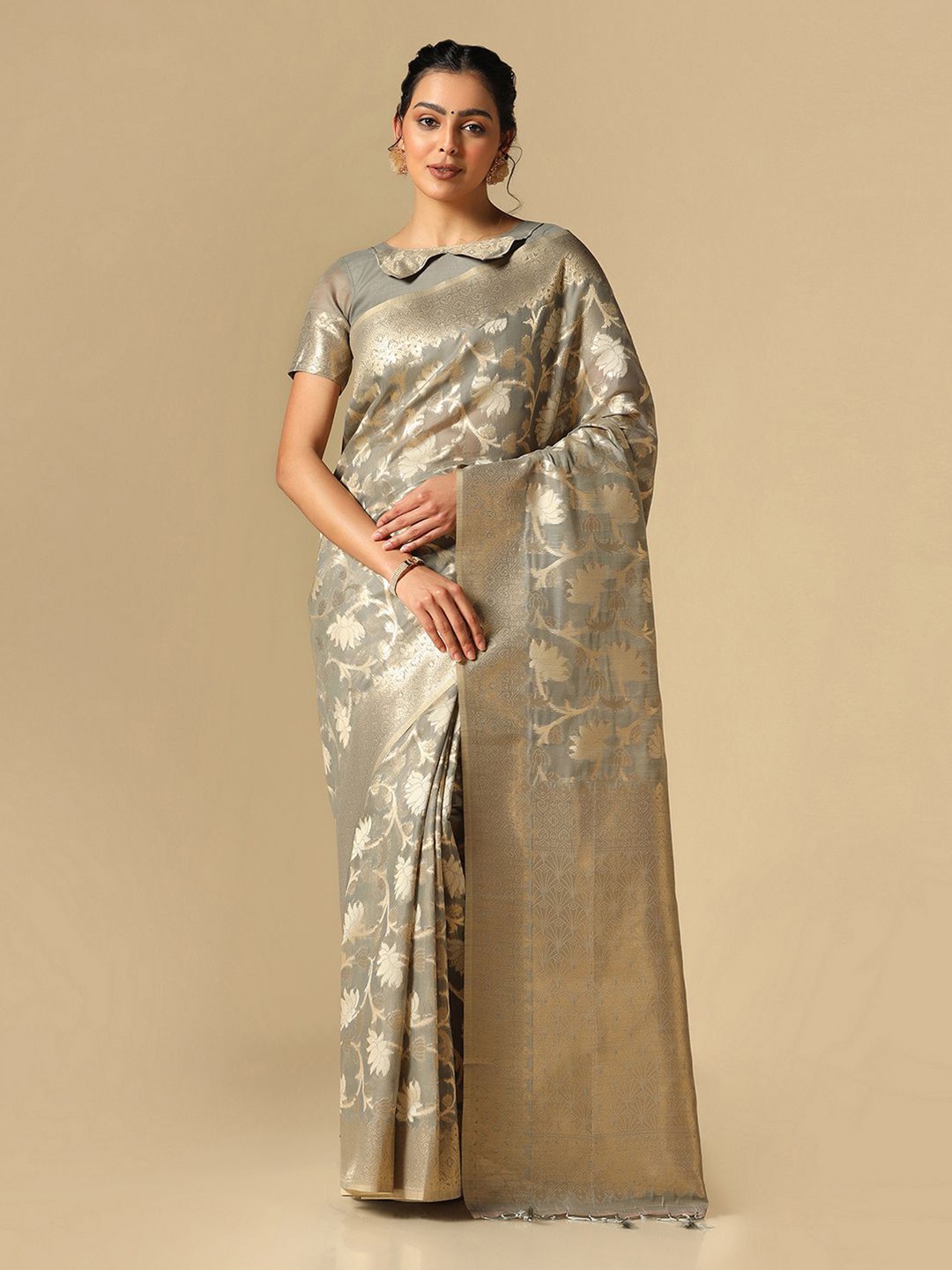 

Mitera Floral Woven Design Zari Banarasi Saree, Grey