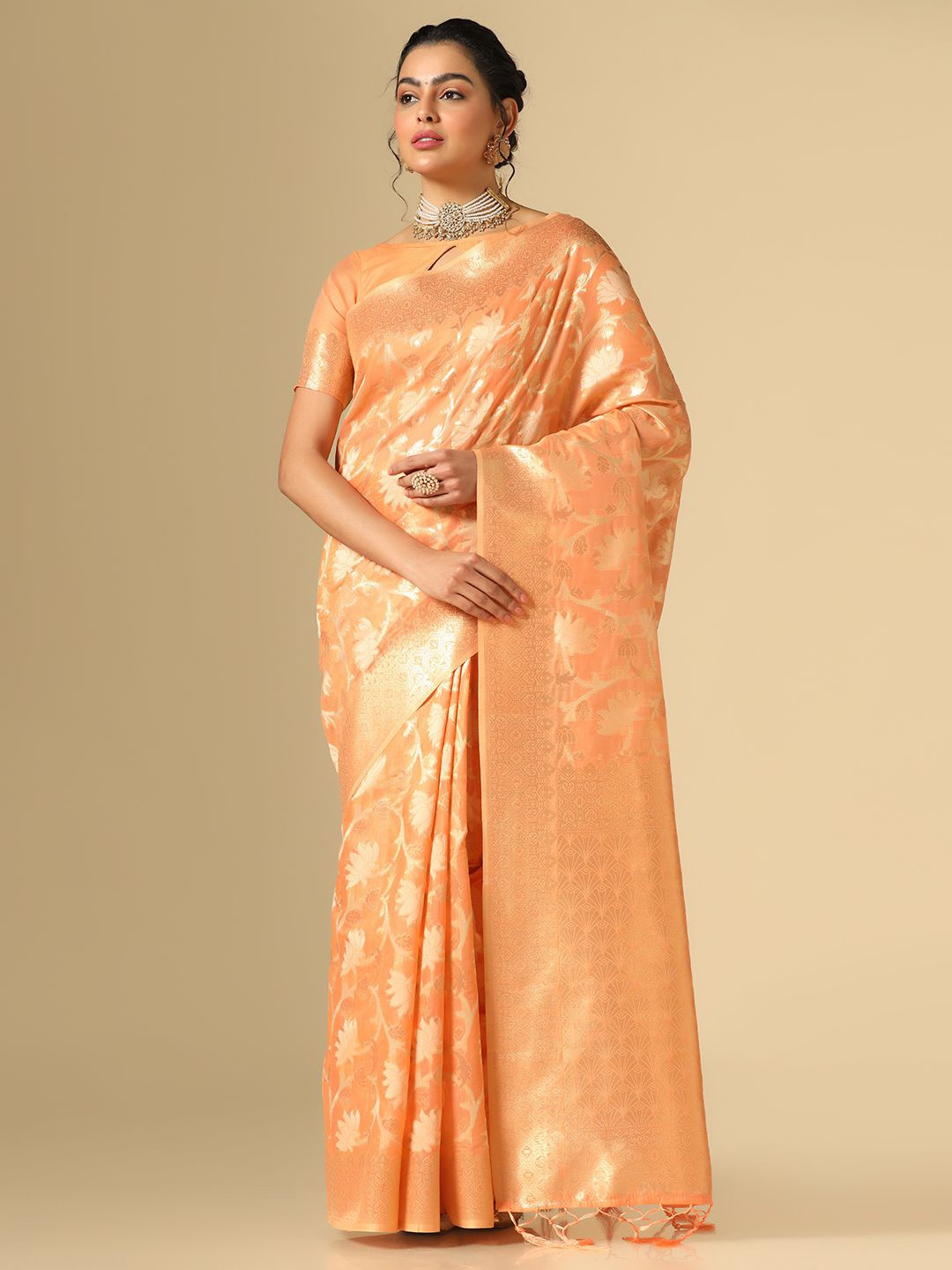 

Mitera Floral Woven Design Zari Banarasi Saree, Orange