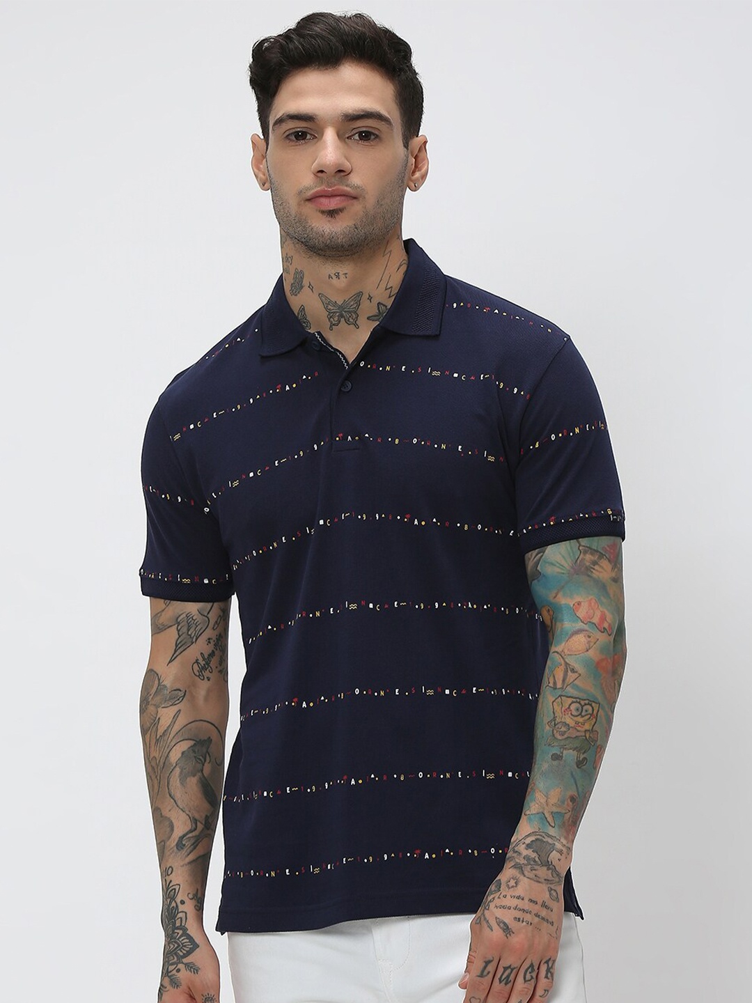 

Mufti Striped Polo Collar Slim Fit Pure Cotton T-shirt, Navy blue